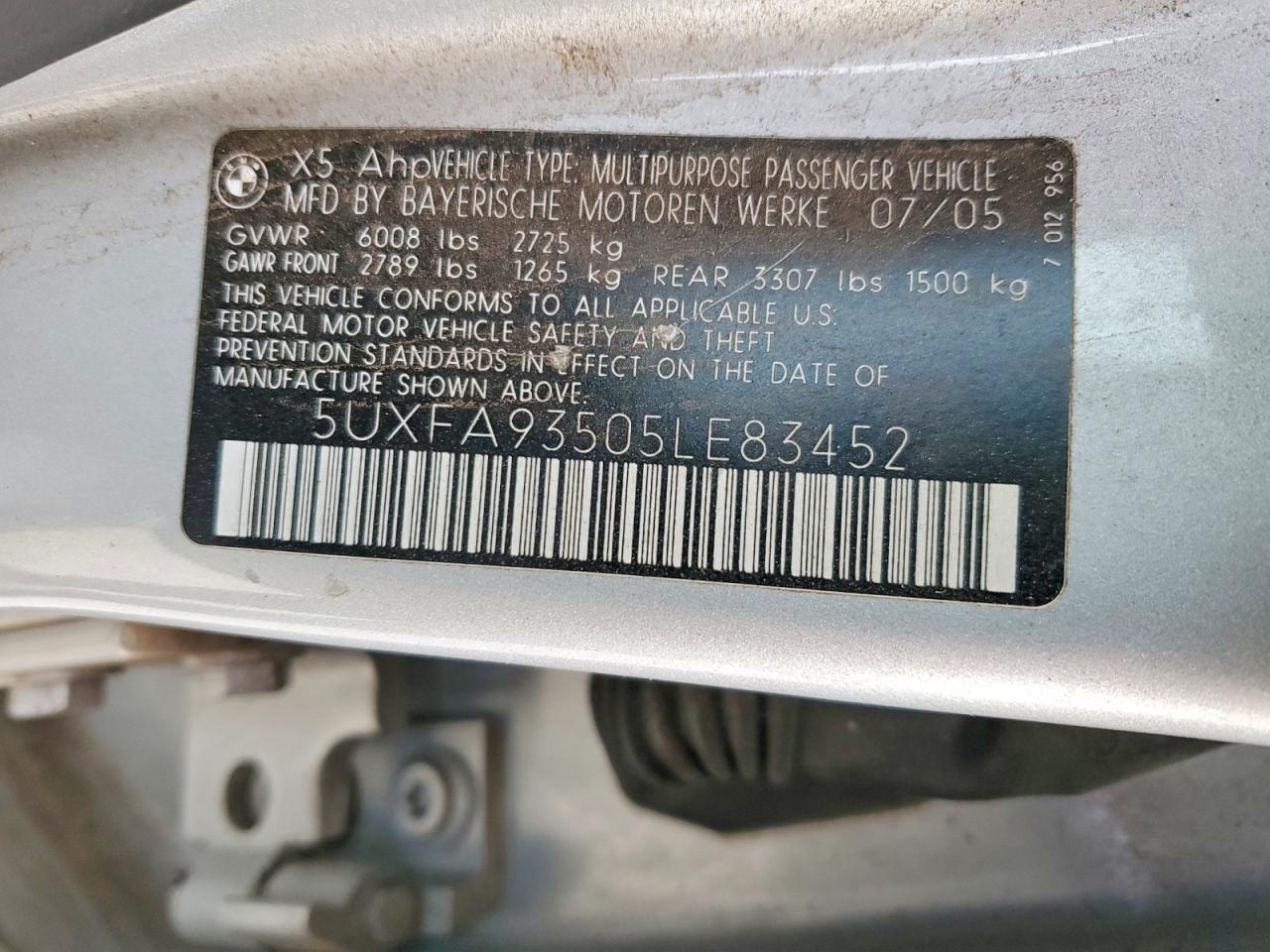2005 Bmw X5 4.8is Silver vin: 5UXFA93505LE83452