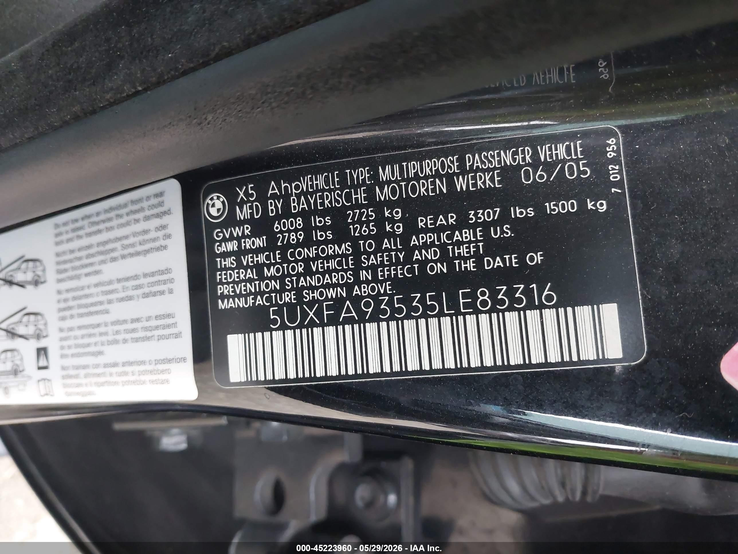 2005 Bmw X5 4.8is Black vin: 5UXFA93535LE83316