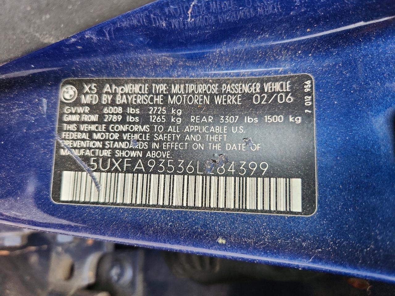 2006 Bmw X5 4.8is Blue vin: 5UXFA93536LE84399