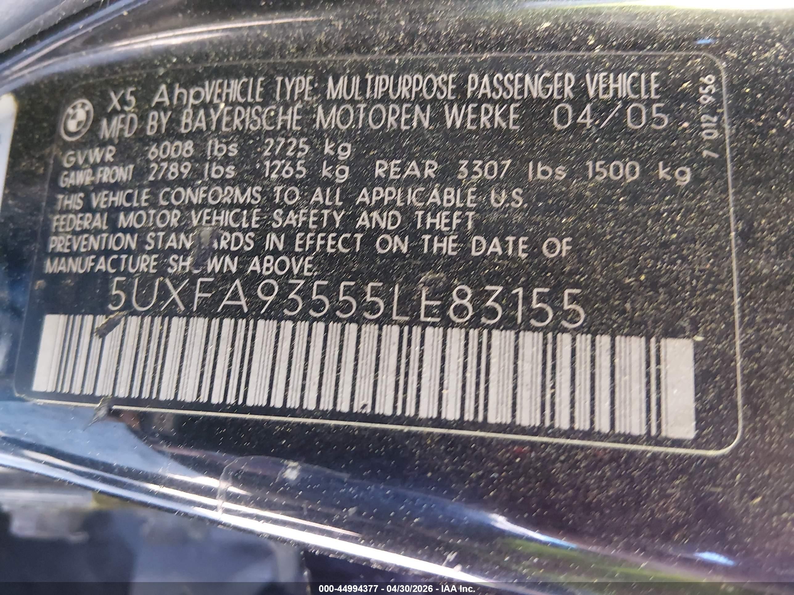 2005 Bmw X5 4.8is Black vin: 5UXFA93555LE83155