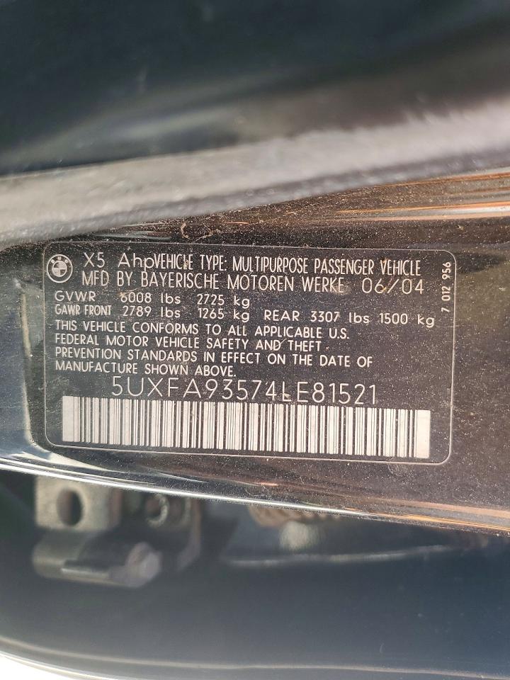 2004 Bmw X5 4.8is Black vin: 5UXFA93574LE81521