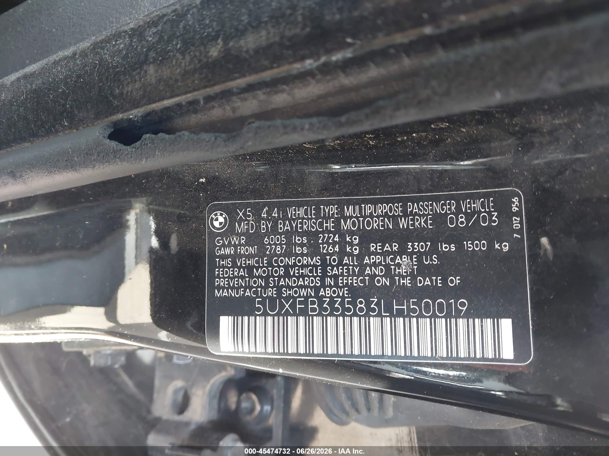 2003 Bmw X5 4.4i Черный vin: 5UXFB33583LH50019