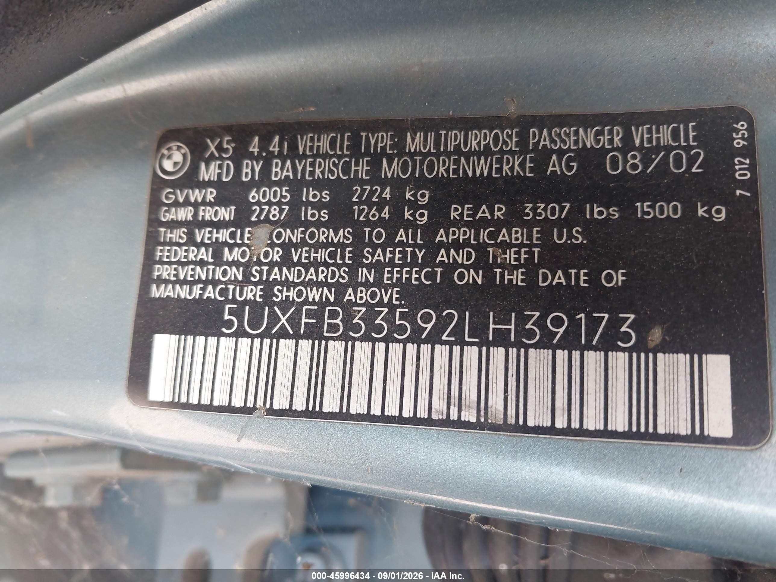 2002 Bmw X5 4.4i Light Blue vin: 5UXFB33592LH39173