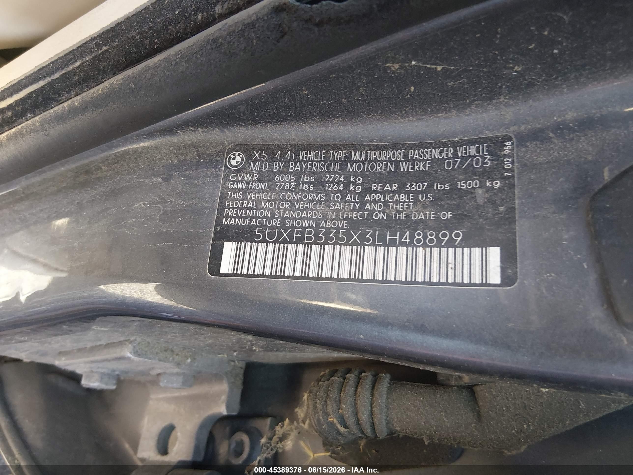 2003 Bmw X5 4.4i Dark Blue vin: 5UXFB335X3LH48899