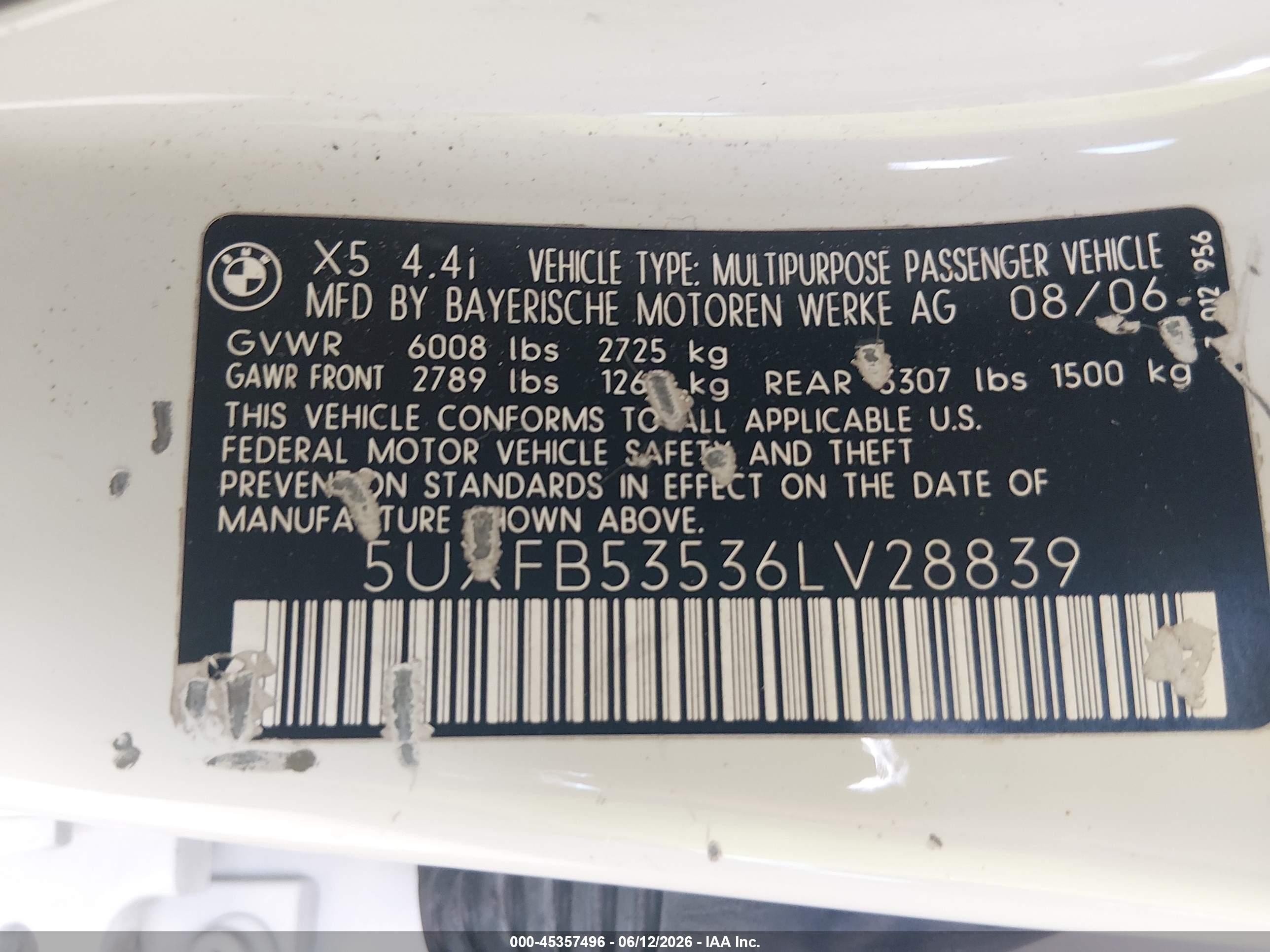 2006 Bmw X5 4.4i White vin: 5UXFB53536LV28839