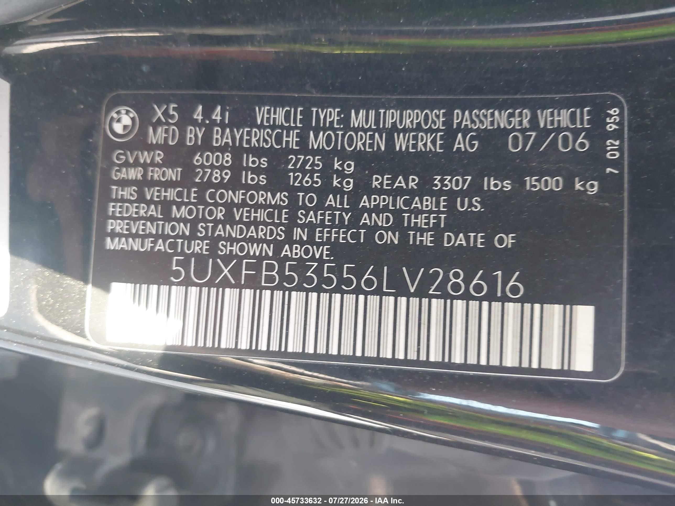 2006 Bmw X5 4.4i Черный vin: 5UXFB53556LV28616