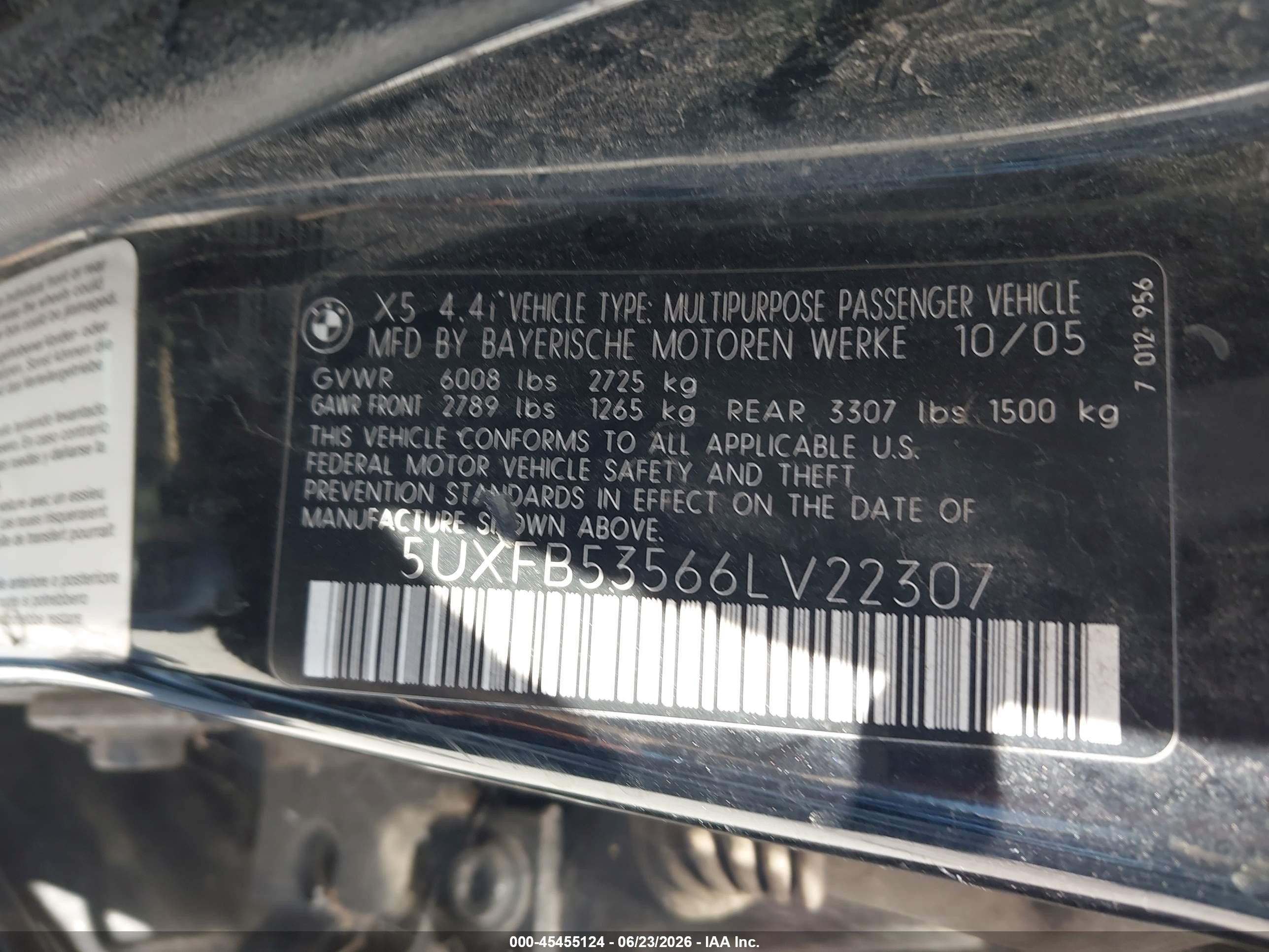 2006 Bmw X5 4.4i Black vin: 5UXFB53566LV22307