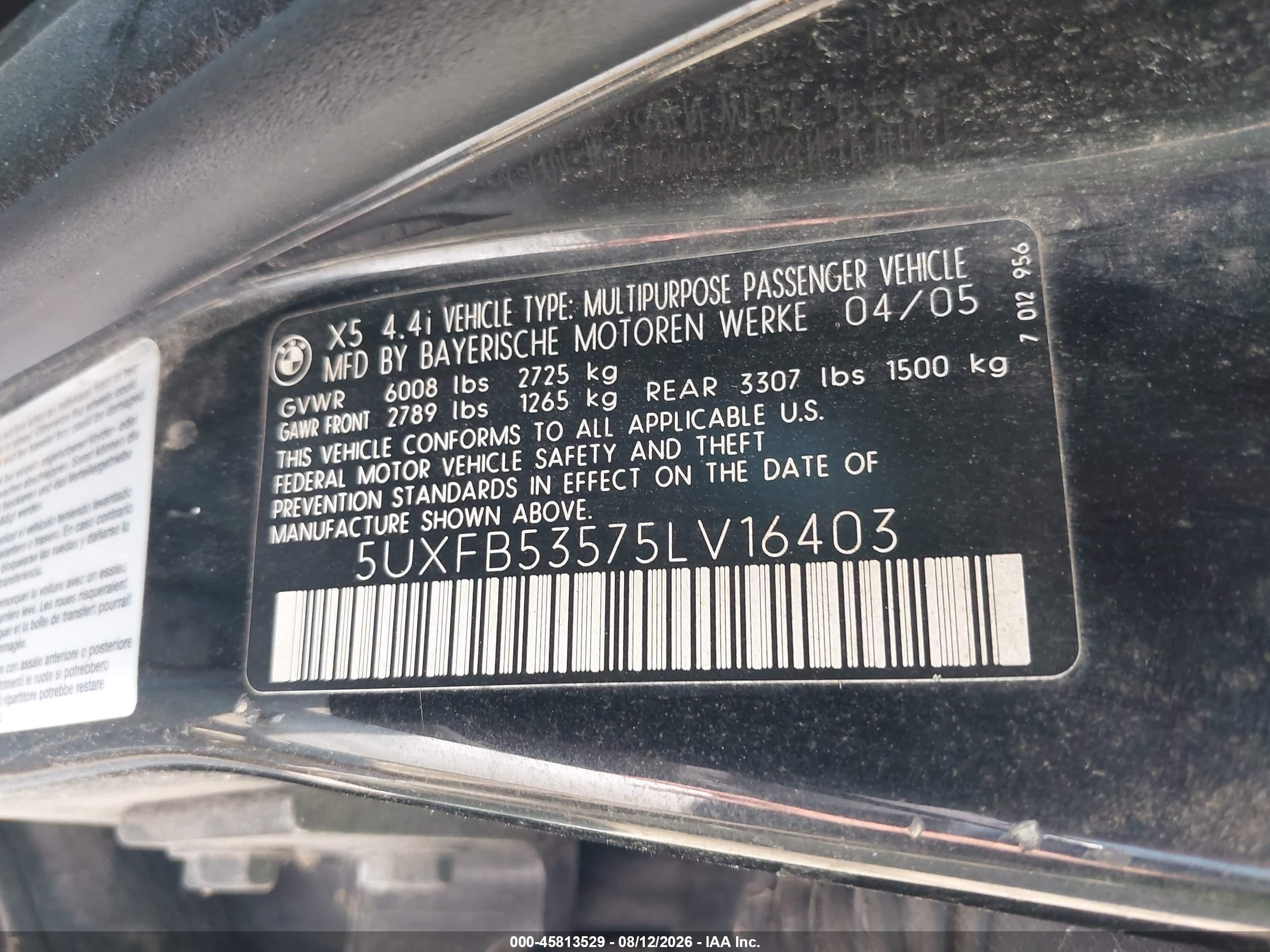 2005 Bmw X5 4.4i Black vin: 5UXFB53575LV16403