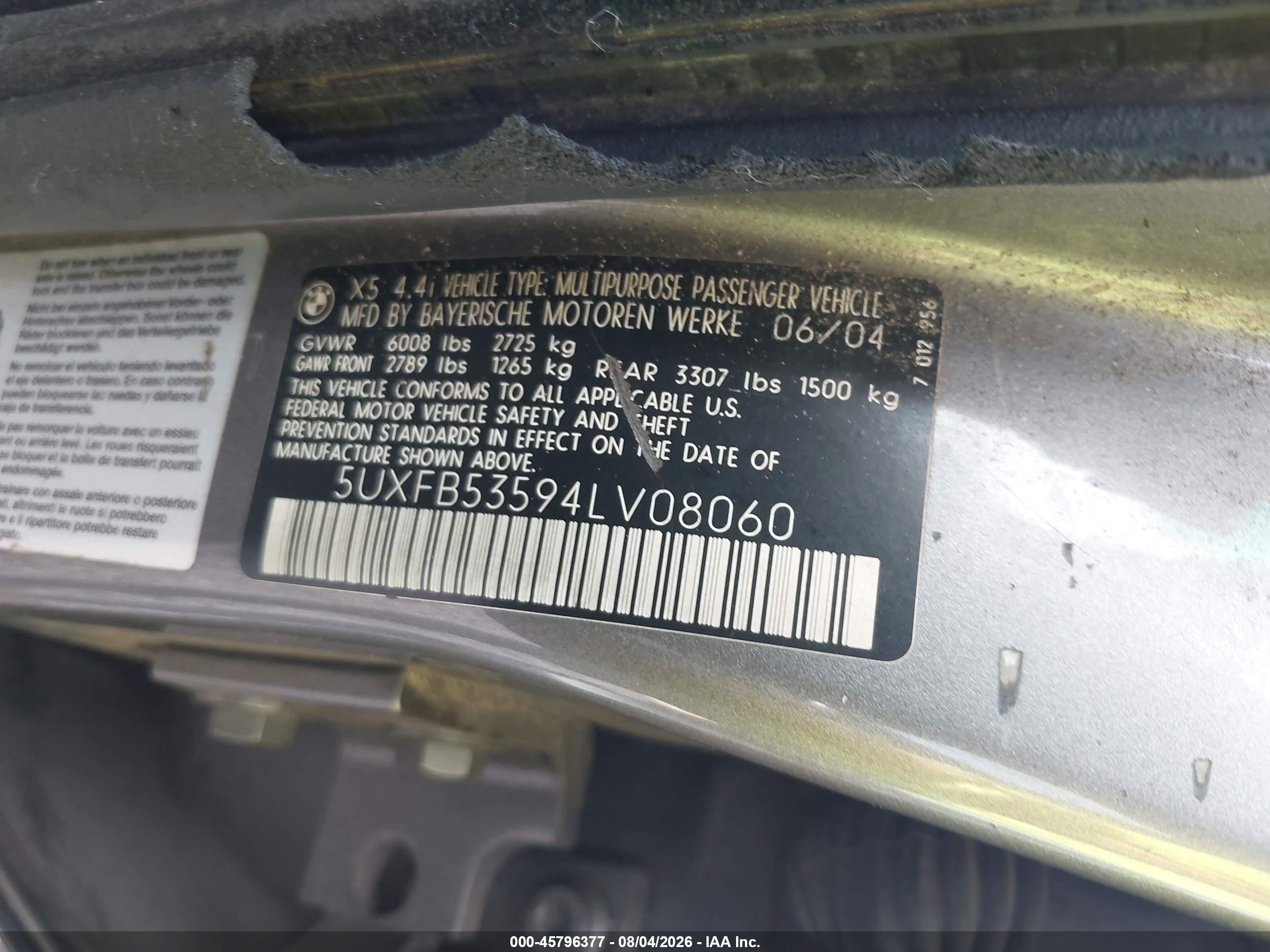 2004 Bmw X5 4.4i Gray vin: 5UXFB53594LV08060