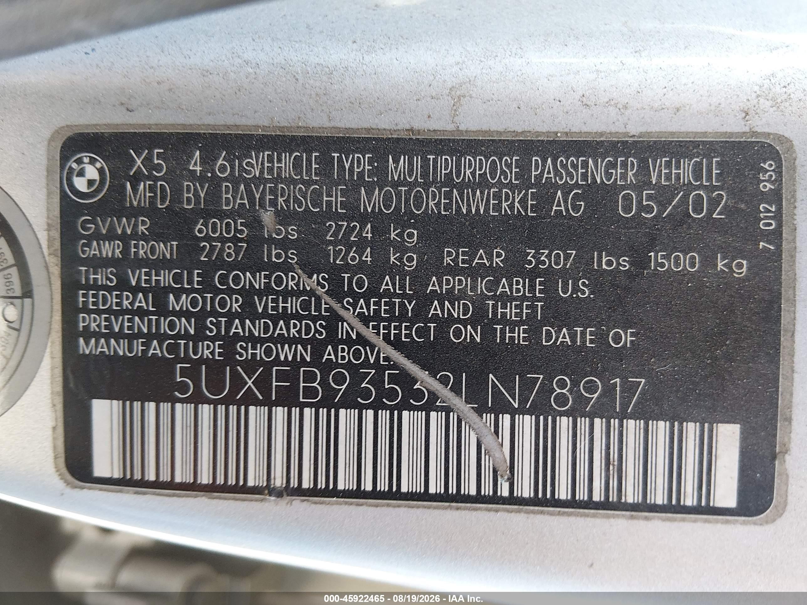 2002 Bmw X5 4.6is Silver vin: 5UXFB93532LN78917