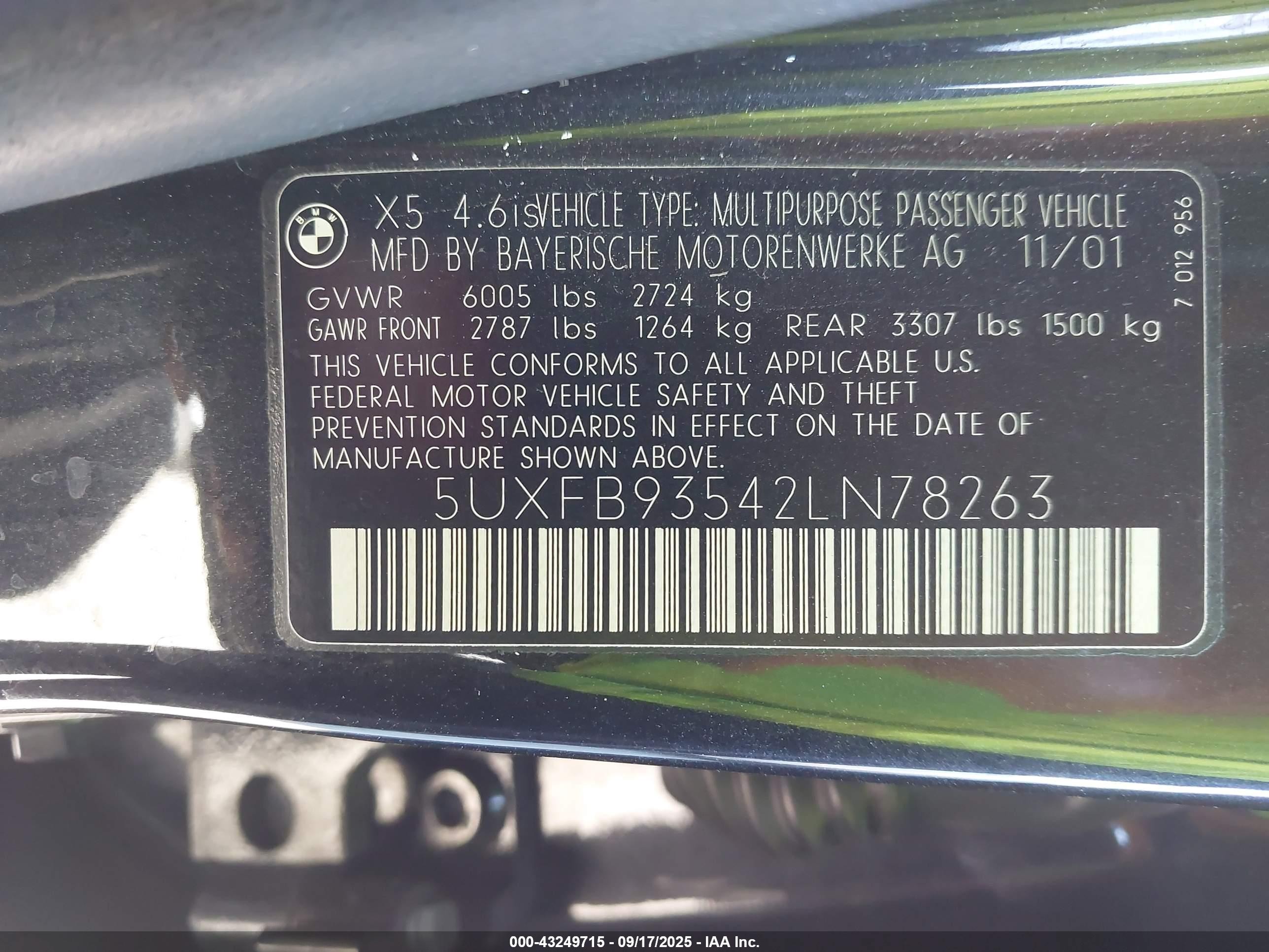 2002 Bmw X5 4.6is Черный vin: 5UXFB93542LN78263