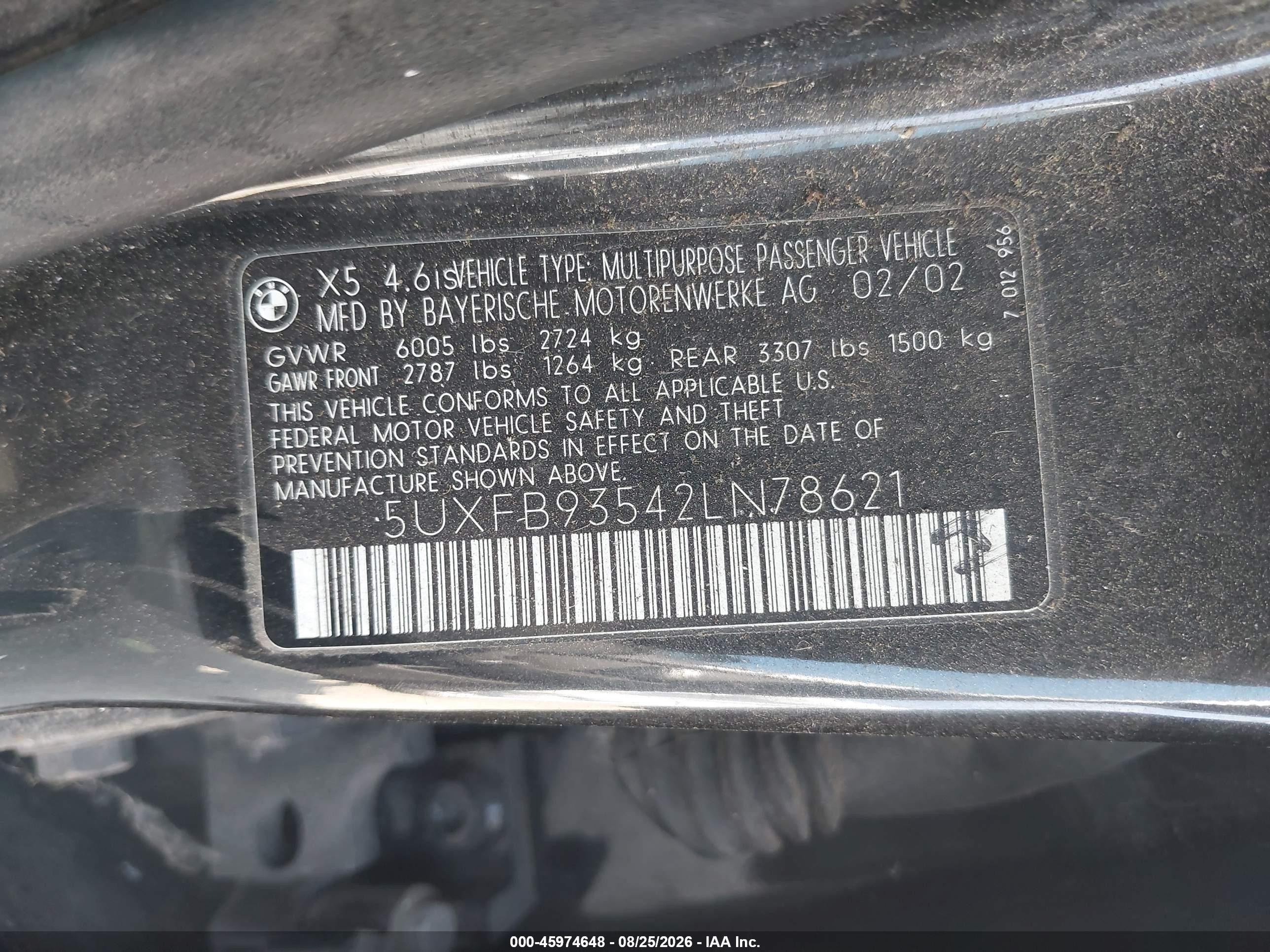 2002 Bmw X5 4.6is Black vin: 5UXFB93542LN78621