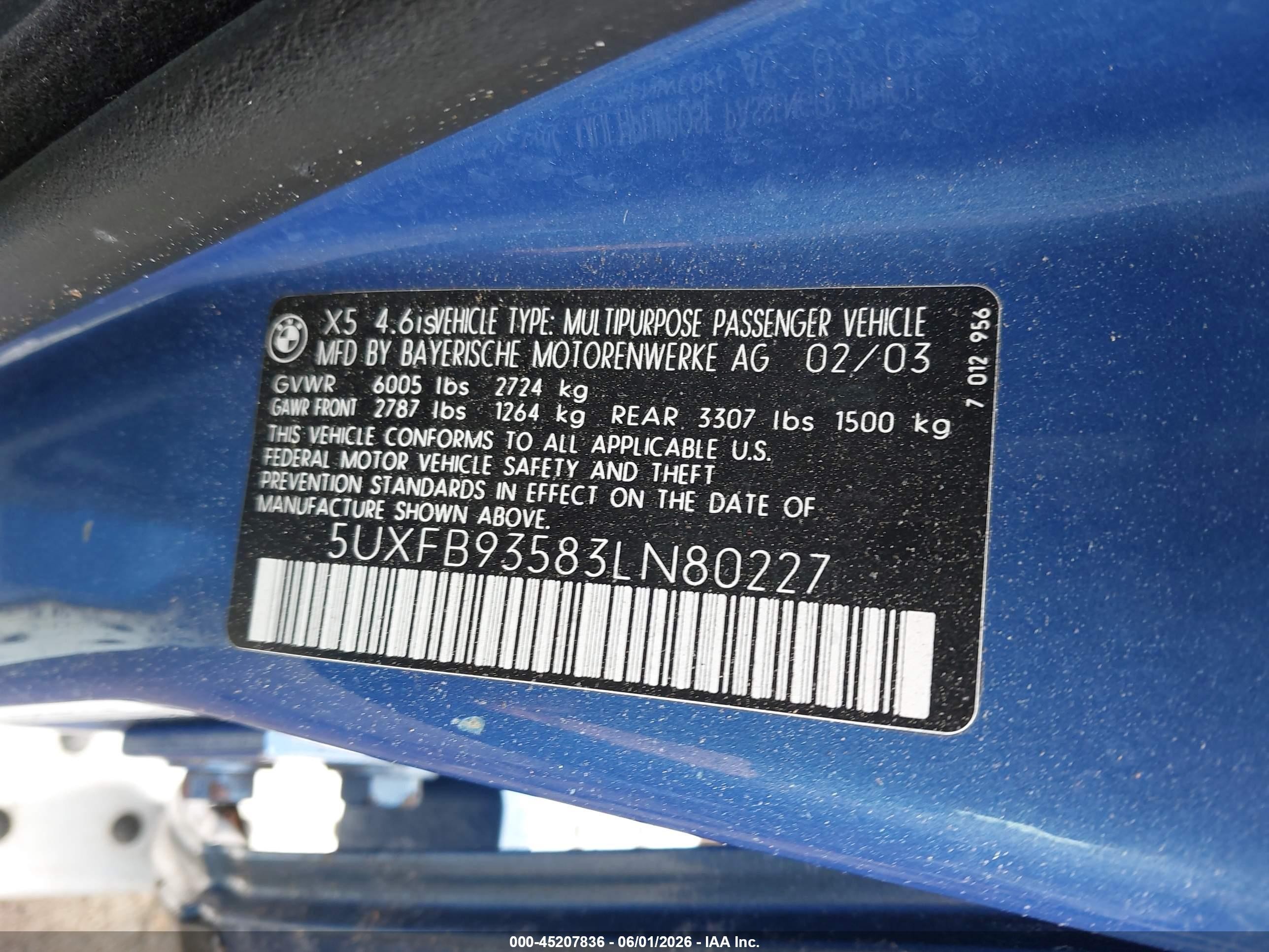 2003 Bmw X5 4.6is Blue vin: 5UXFB93583LN80227