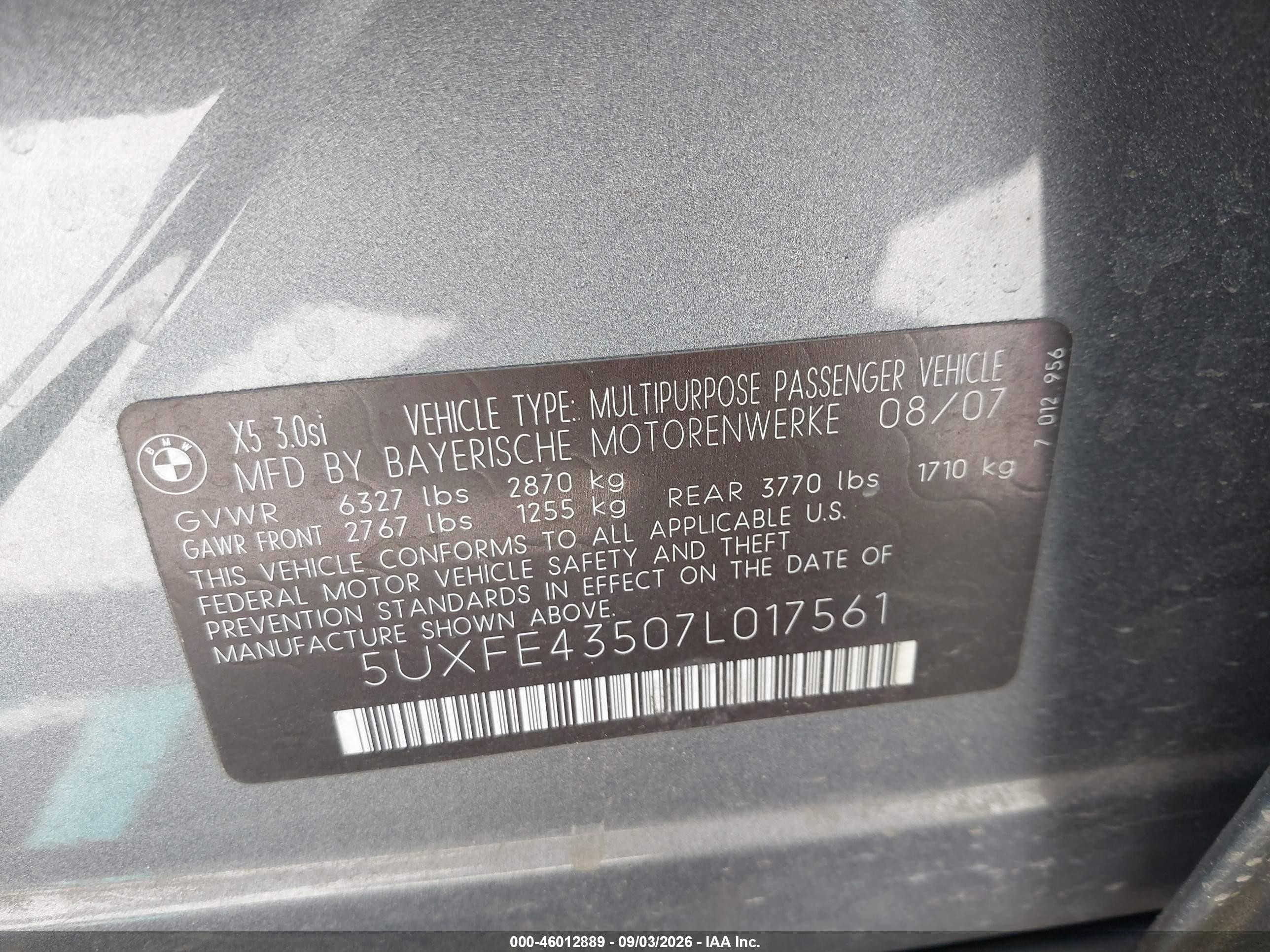 2007 Bmw X5 3.0si Gray vin: 5UXFE43507L017561