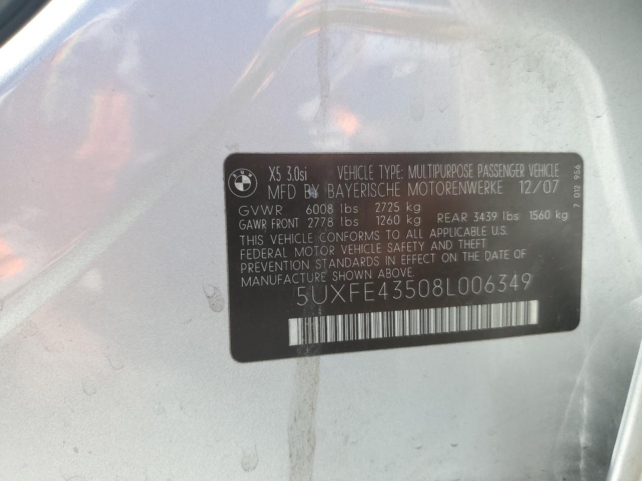 2008 Bmw X5 3.0i Silver vin: 5UXFE43508L006349