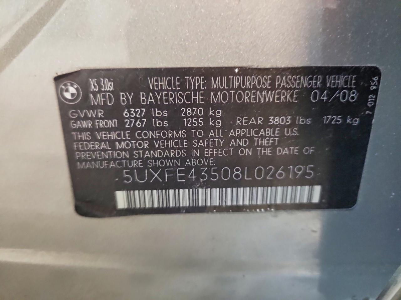 2008 Bmw X5 3.0i Tan vin: 5UXFE43508L026195
