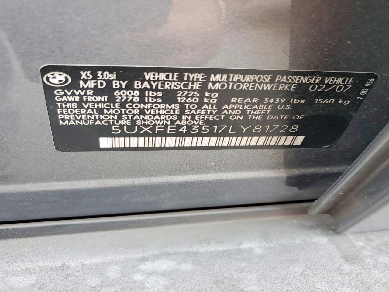 2007 Bmw X5 3.0i Gray vin: 5UXFE43517LY81728