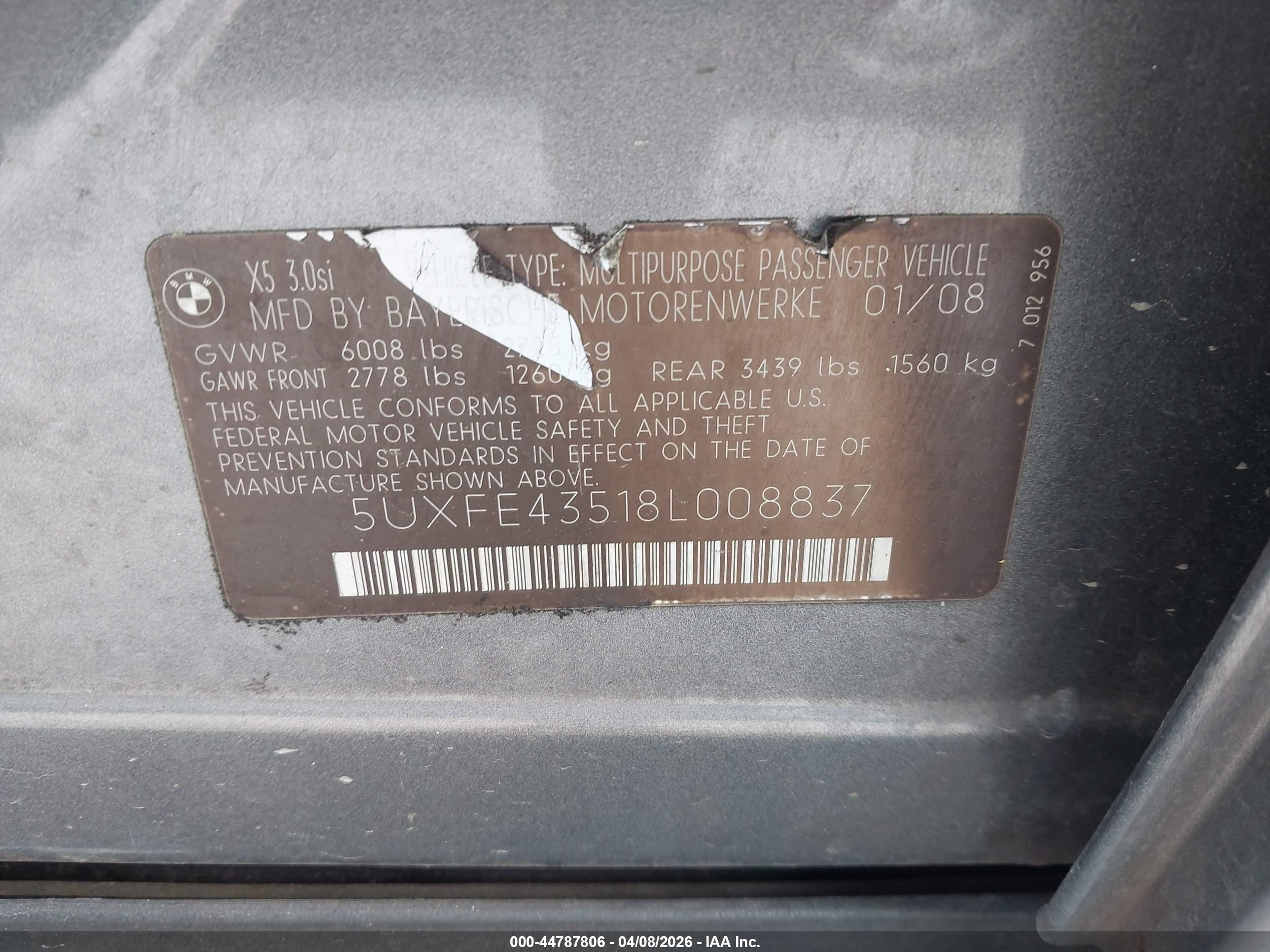 2008 Bmw X5 3.0si Gray vin: 5UXFE43518L008837