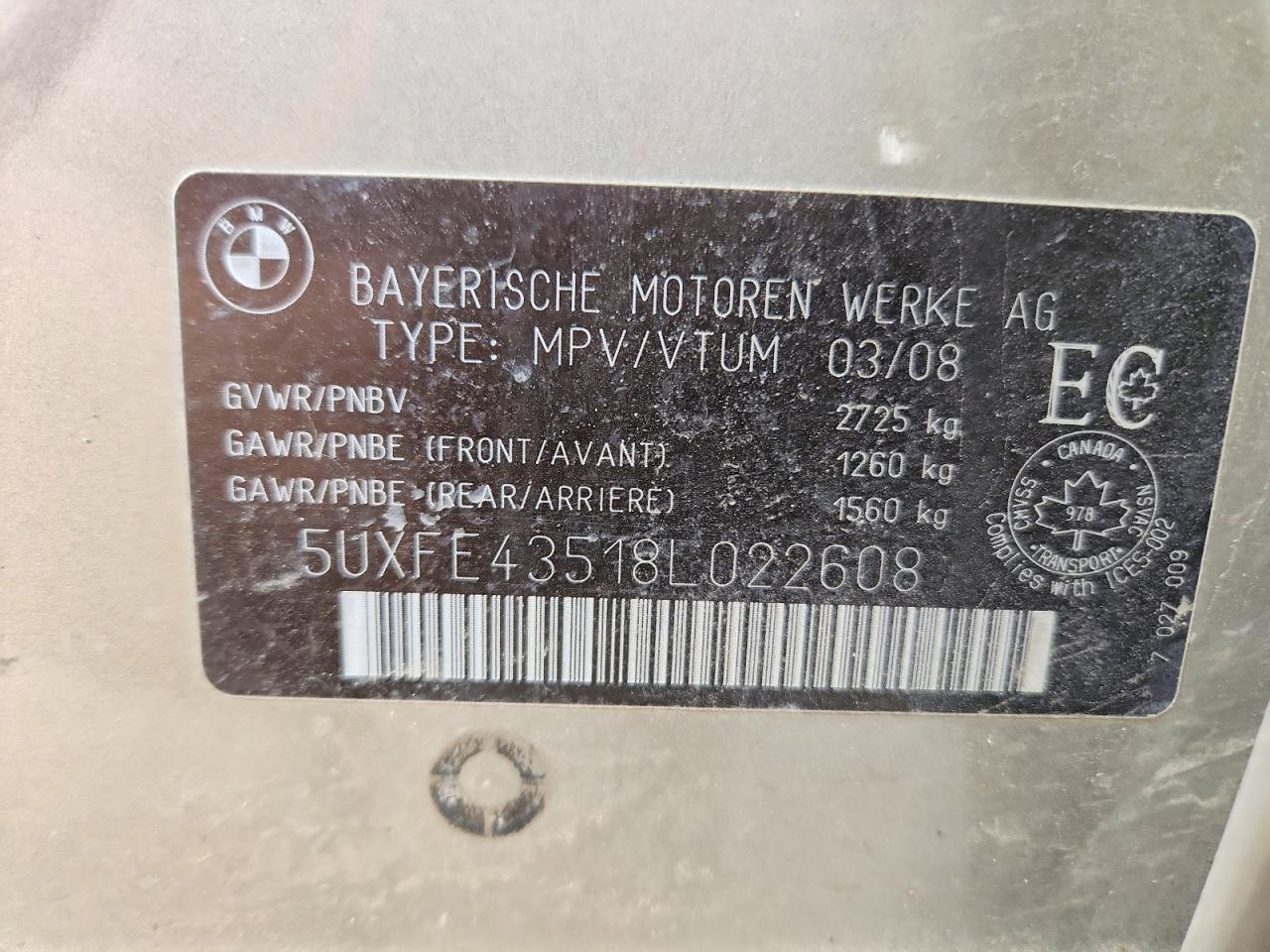 2008 Bmw X5 3.0i Бежевый vin: 5UXFE43518L022608