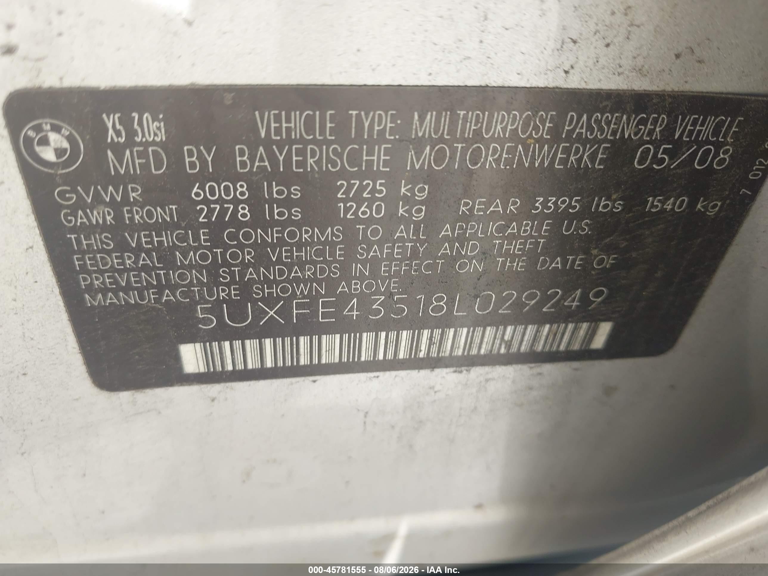 2008 Bmw X5 3.0si Silver vin: 5UXFE43518L029249