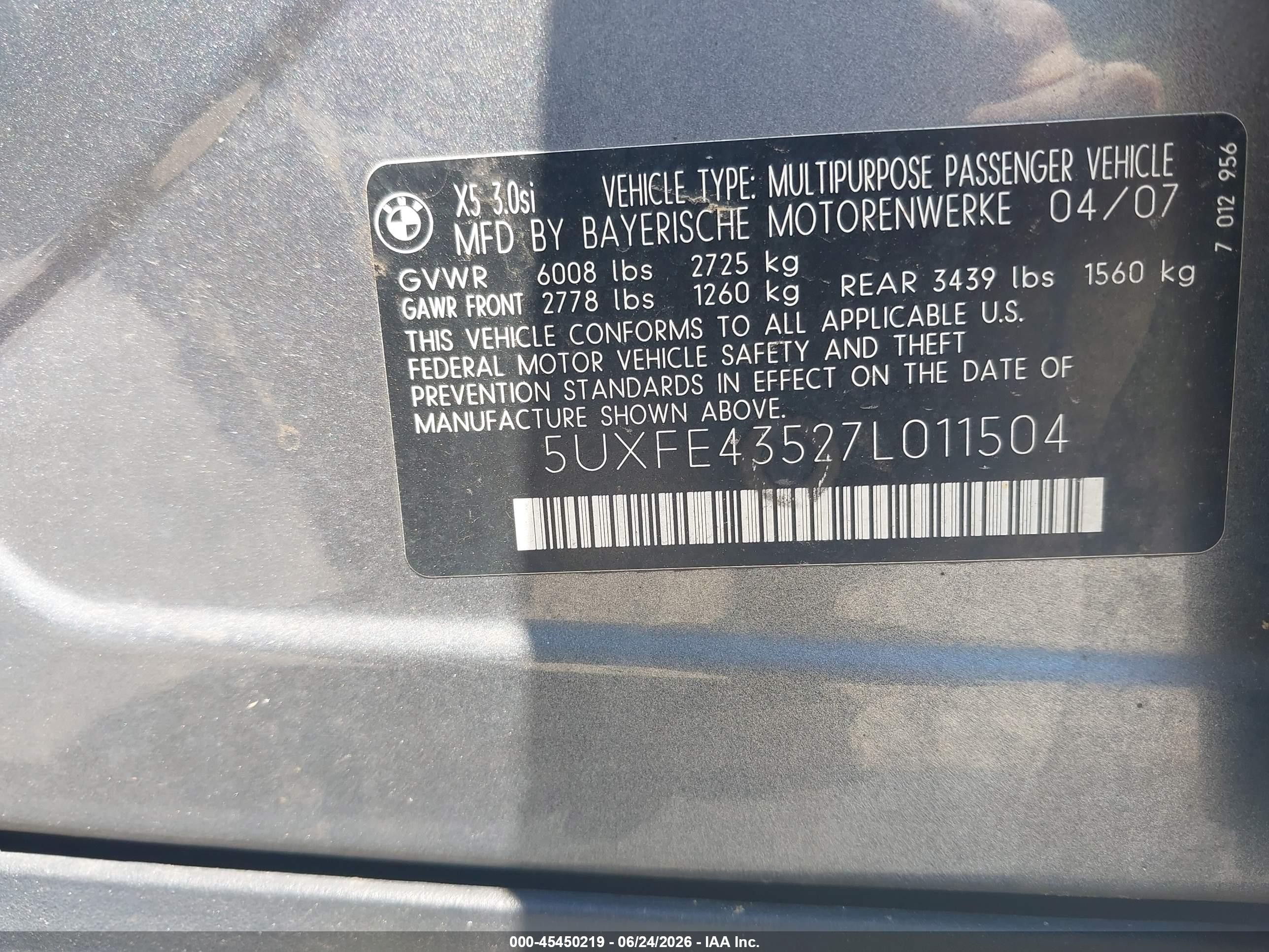 2007 Bmw X5 3.0si Gray vin: 5UXFE43527L011504