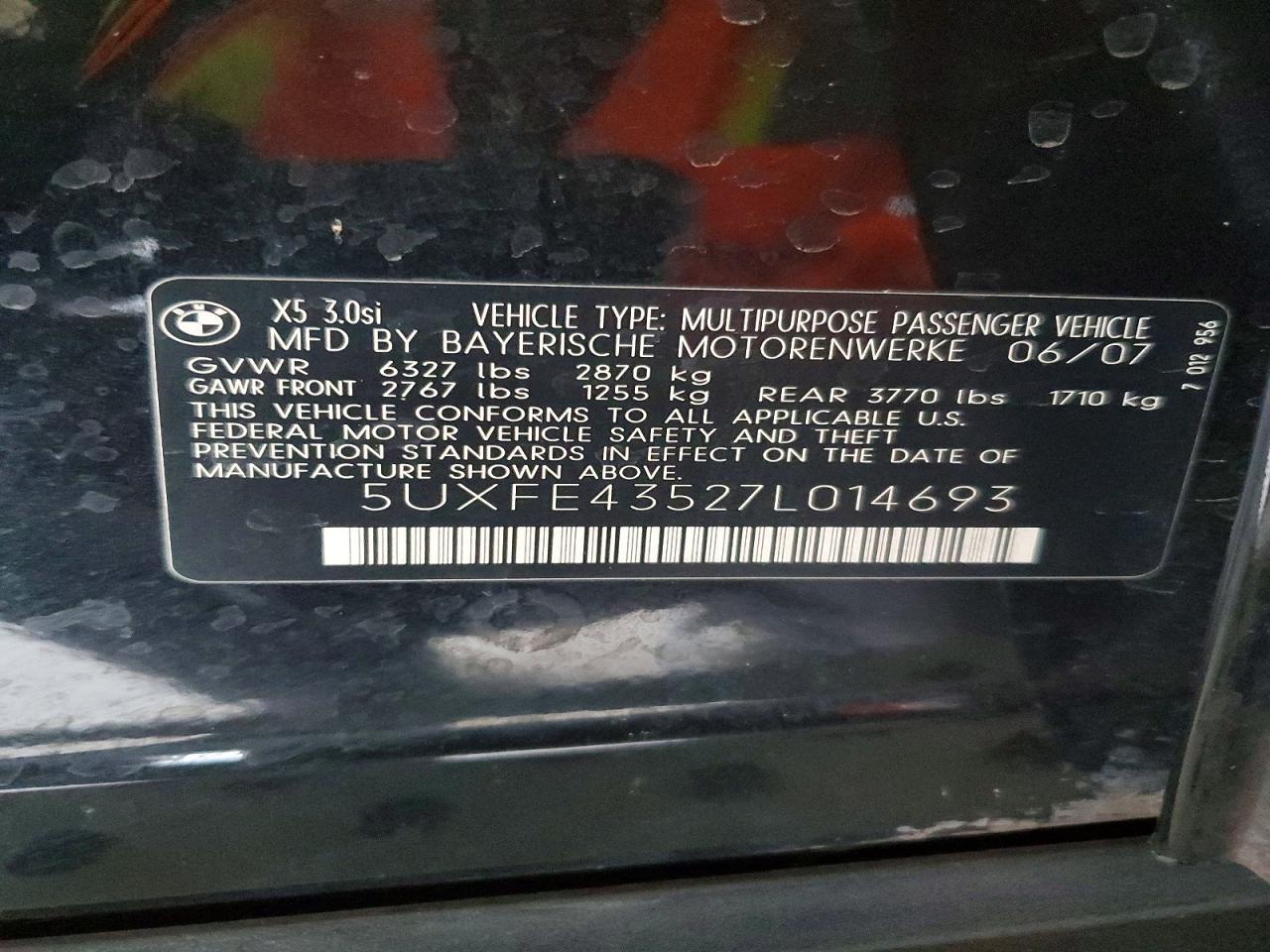 2007 Bmw X5 3.0i Black vin: 5UXFE43527L014693