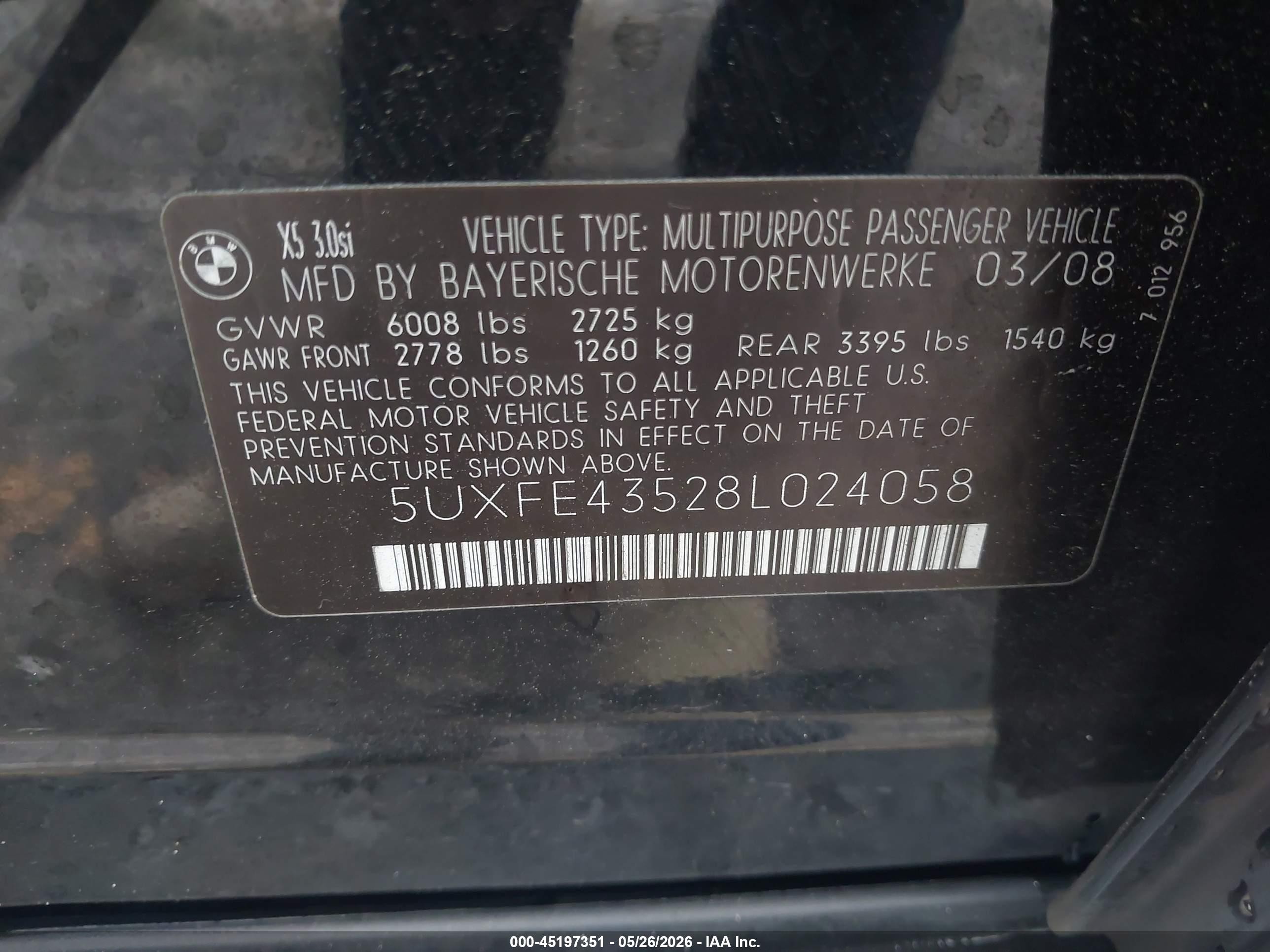2008 Bmw X5 3.0si Black vin: 5UXFE43528L024058