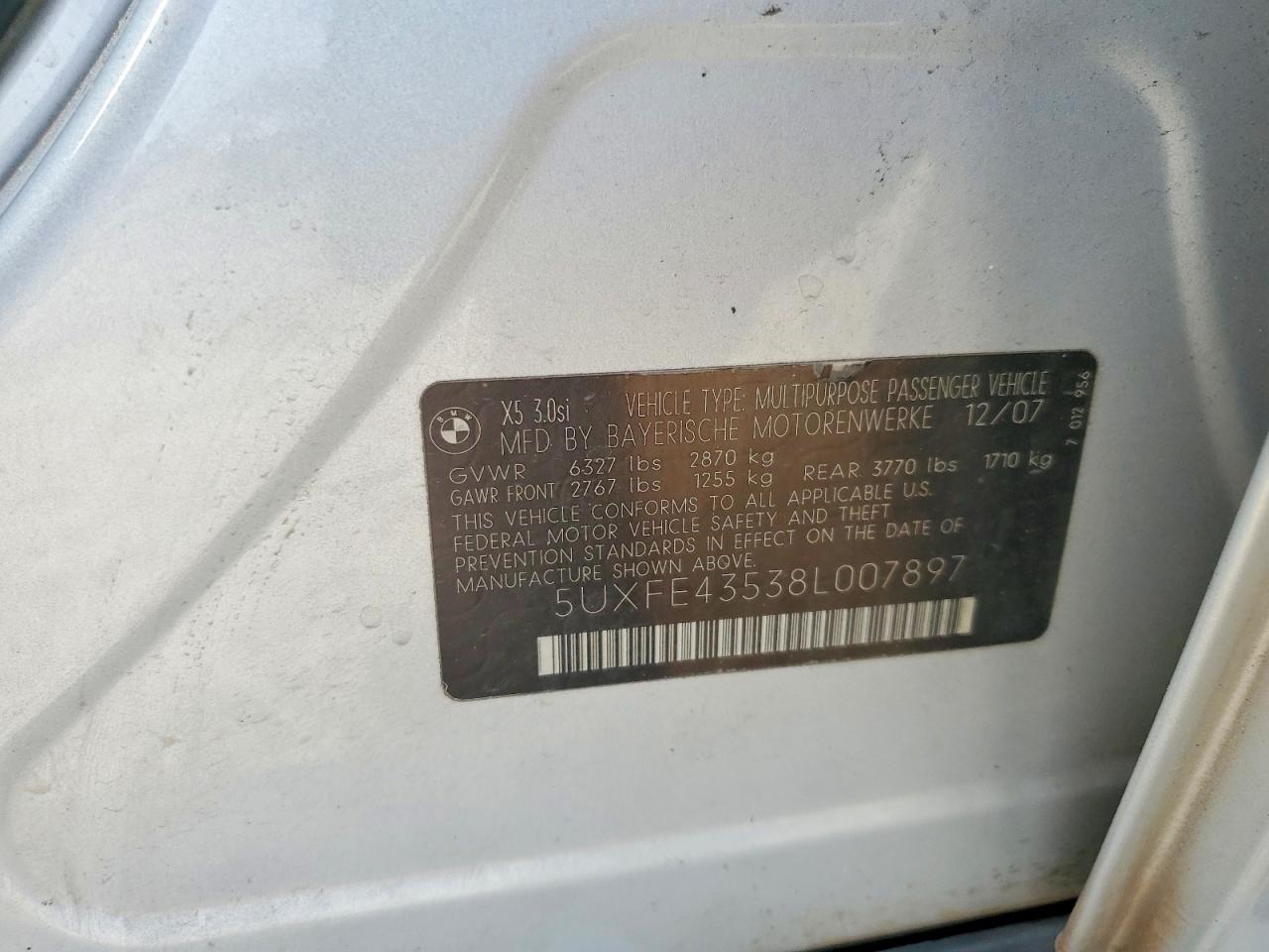 2008 Bmw X5 3.0i Silver vin: 5UXFE43538L007897