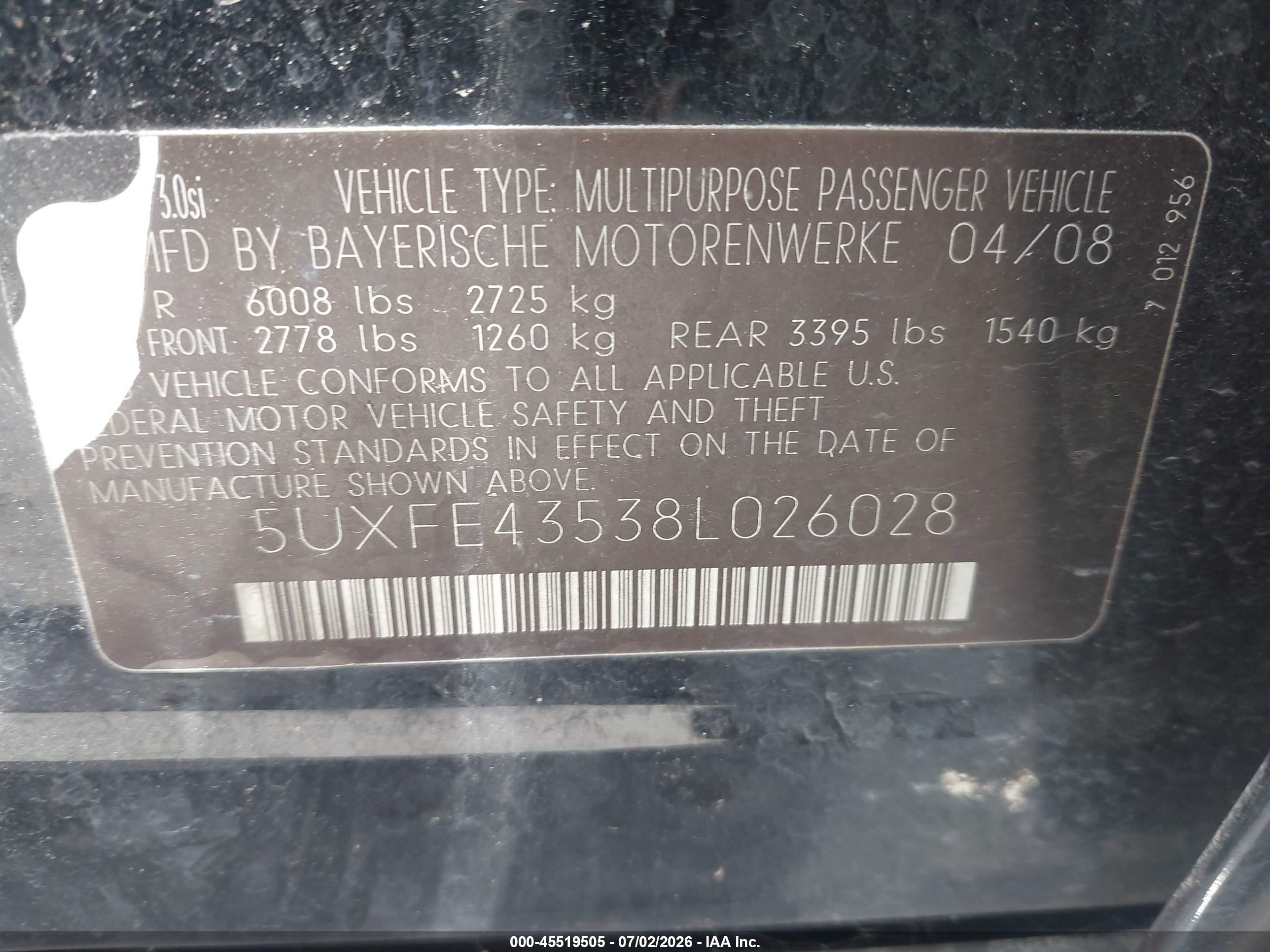 2008 Bmw X5 3.0si Black vin: 5UXFE43538L026028