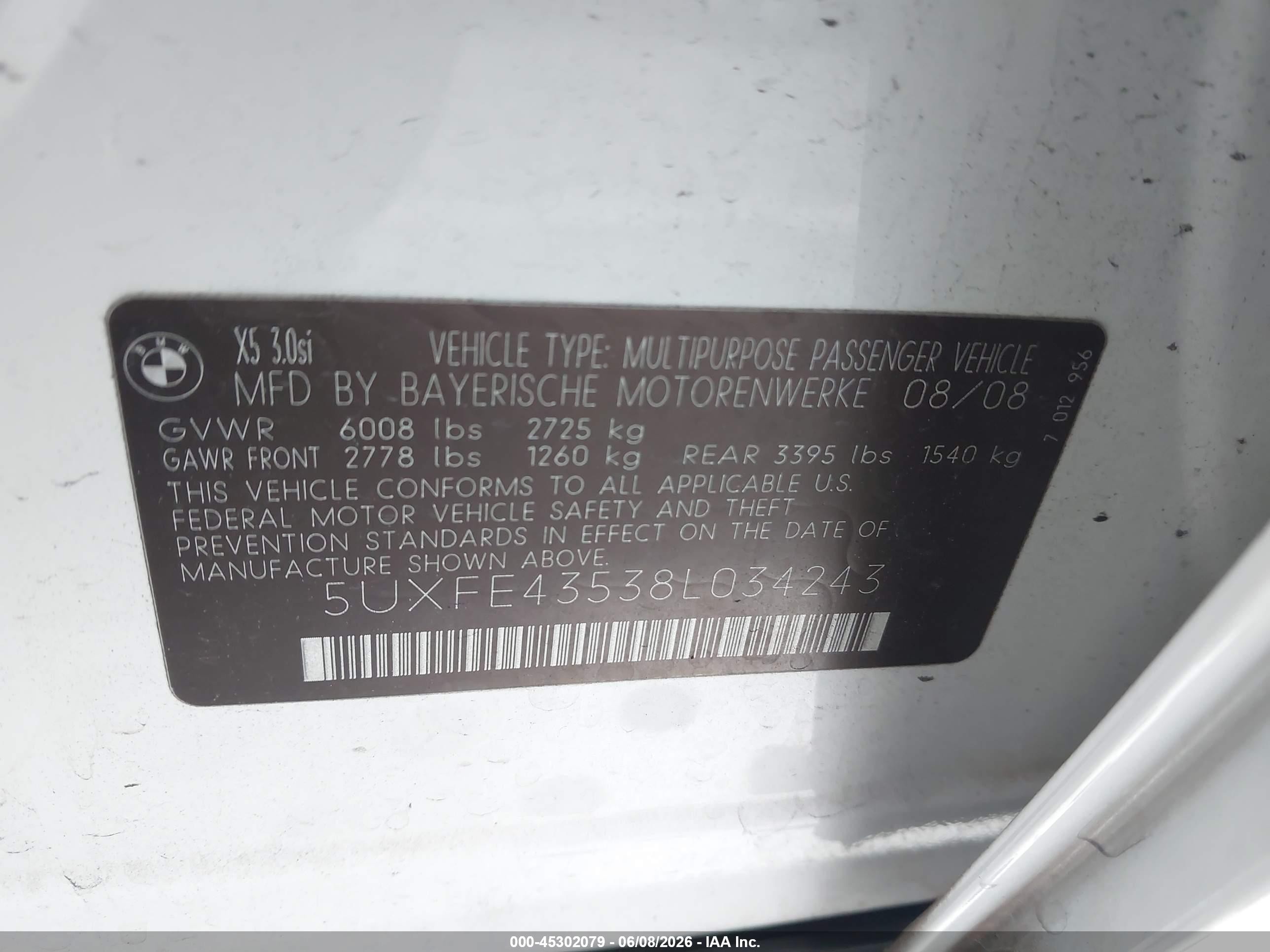 2008 Bmw X5 3.0si White vin: 5UXFE43538L034243