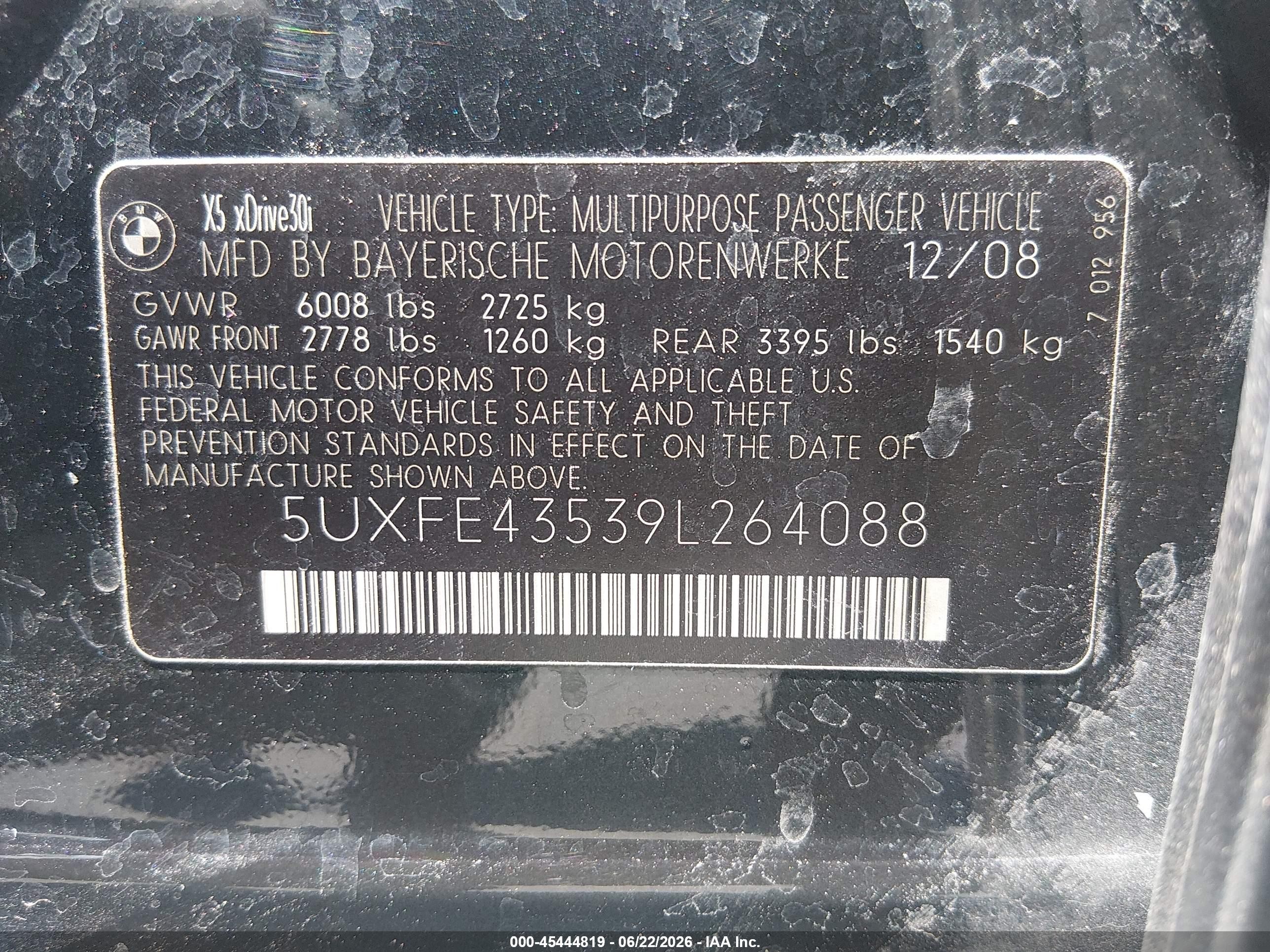 2009 Bmw X5 Xdrive30i Black vin: 5UXFE43539L264088