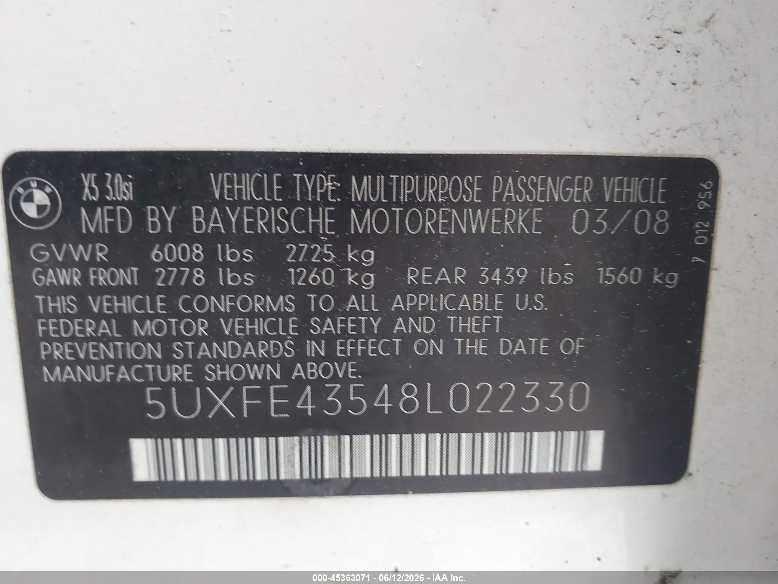 2008 Bmw X5 3.0si White vin: 5UXFE43548L022330