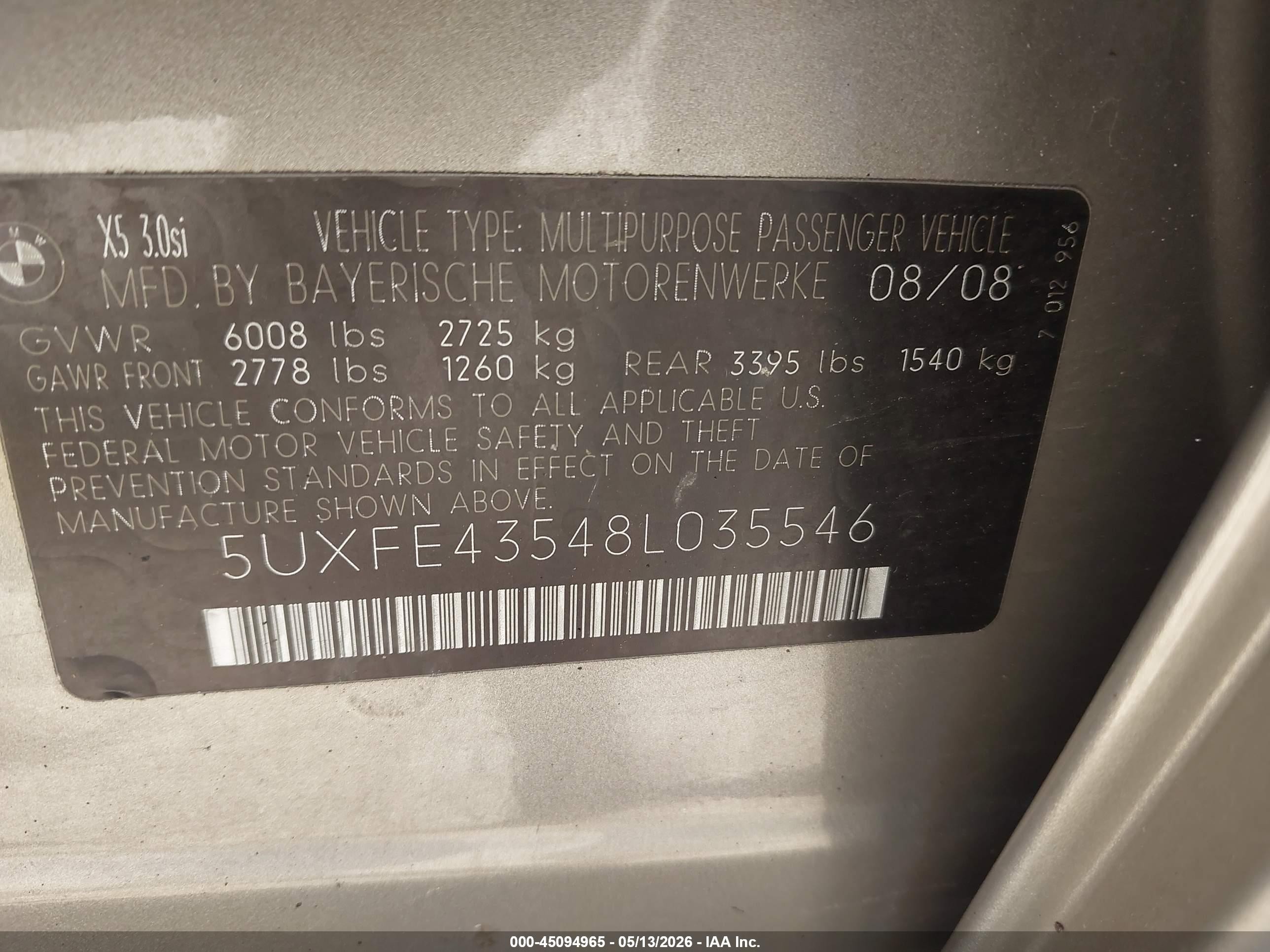 2008 Bmw X5 3.0si Серебряный vin: 5UXFE43548L035546