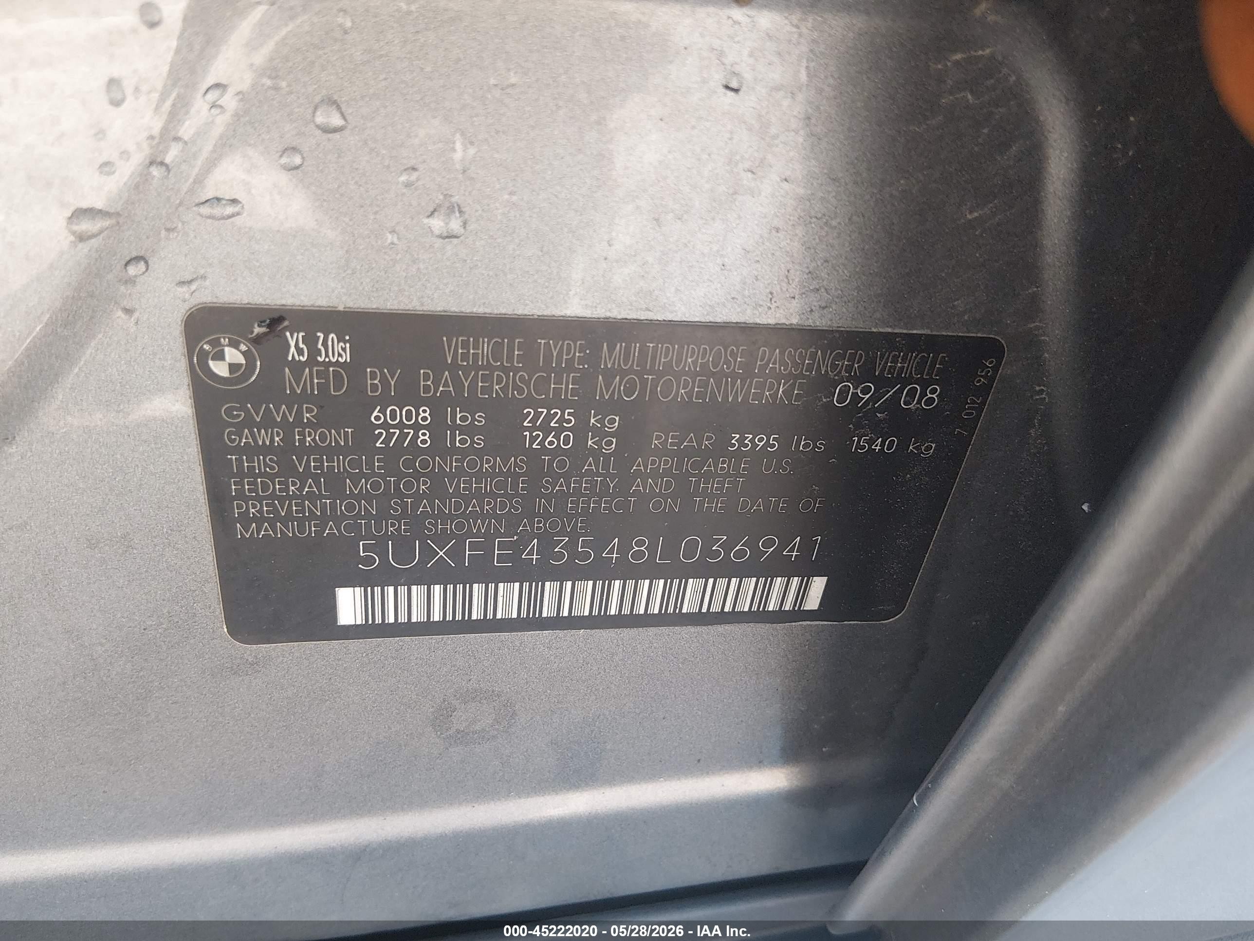 2008 Bmw X5 3.0si Gray vin: 5UXFE43548L036941