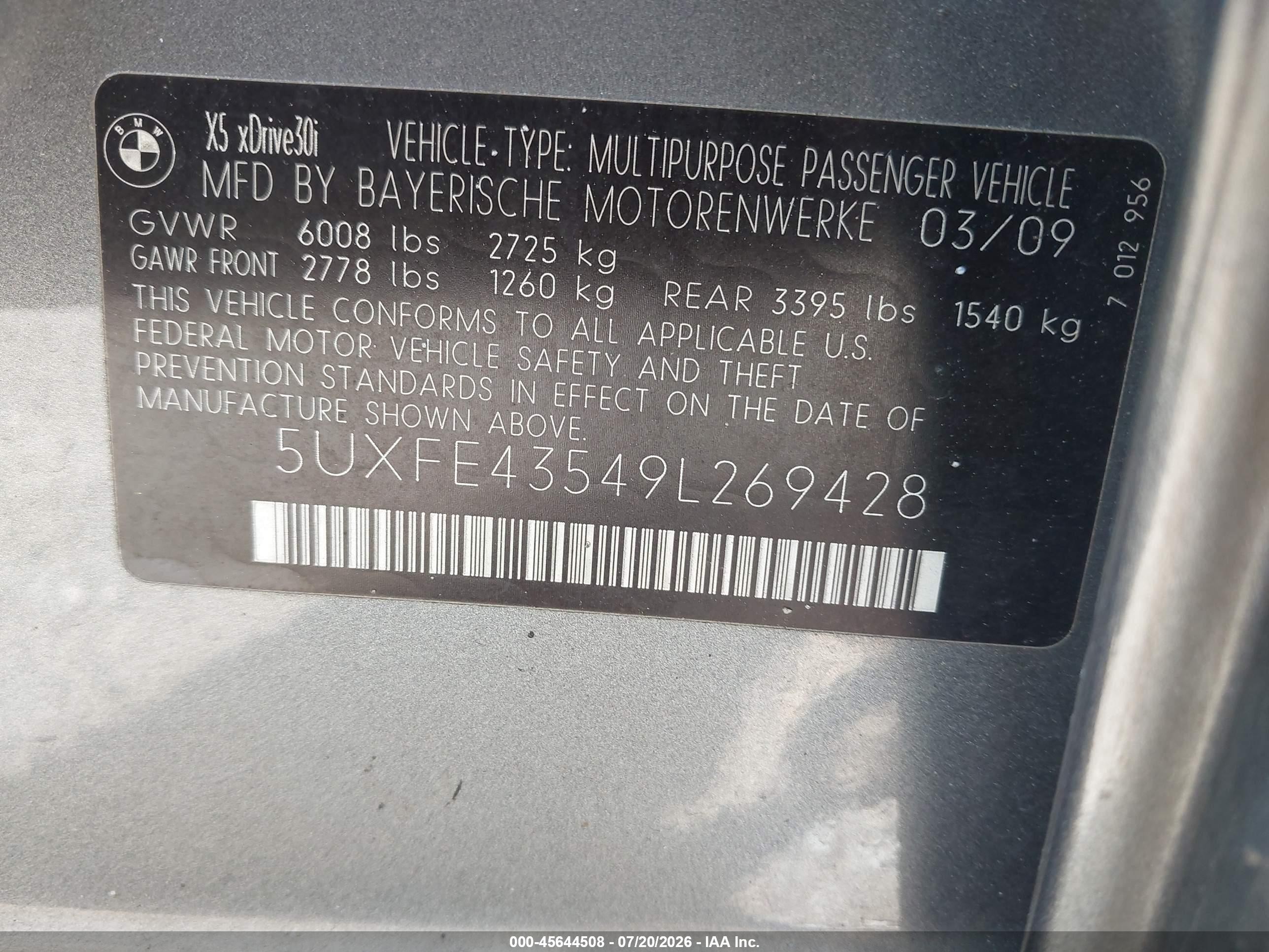 2009 Bmw X5 Xdrive30i Серый vin: 5UXFE43549L269428