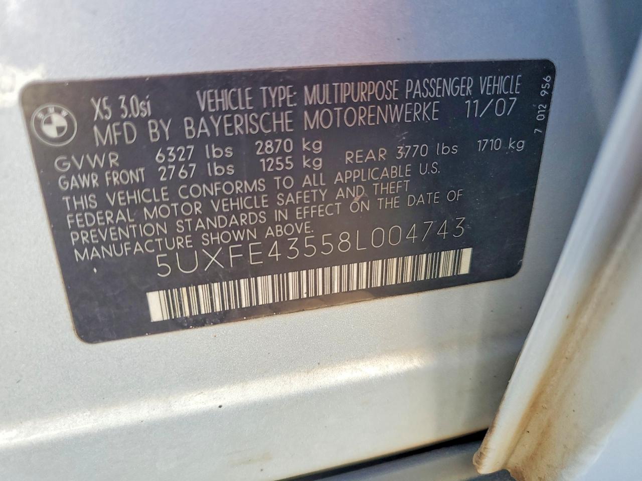 2008 Bmw X5 3.0i Gray vin: 5UXFE43558L004743