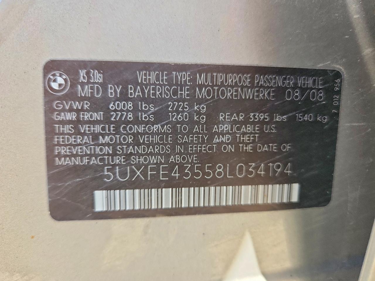 2008 Bmw X5 3.0i Gold vin: 5UXFE43558L034194