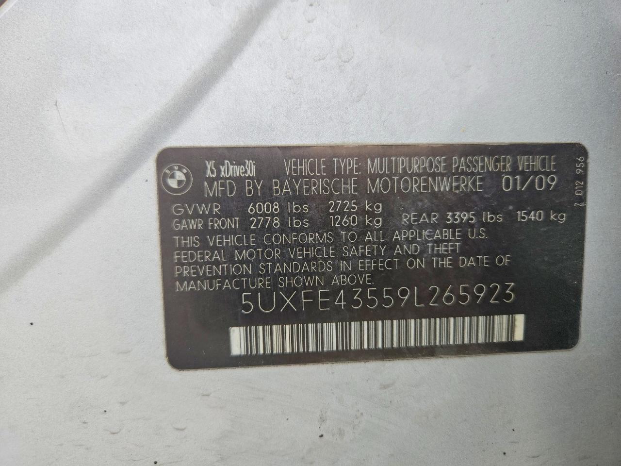 2009 Bmw X5 Xdrive30i Серебряный vin: 5UXFE43559L265923
