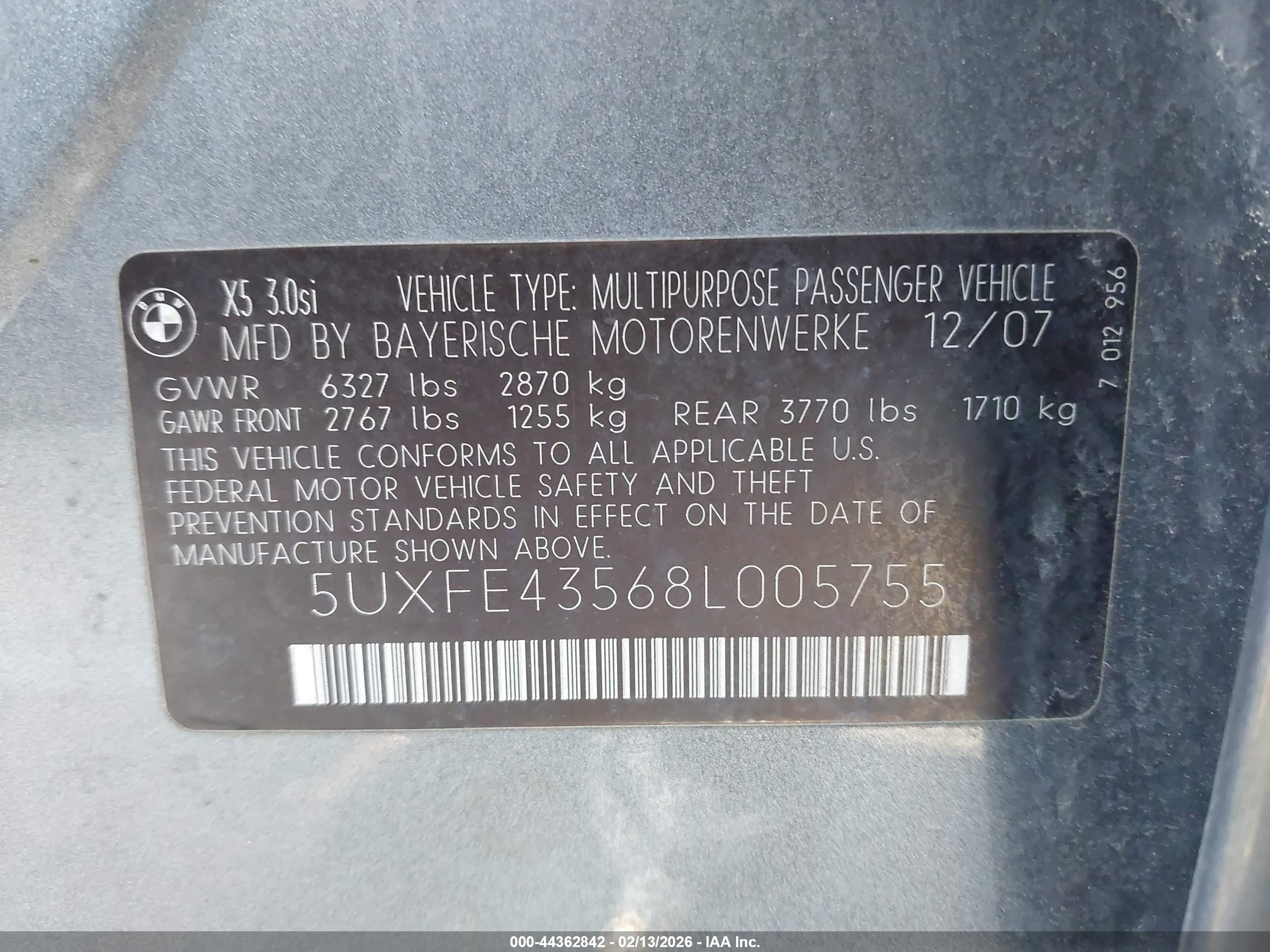2008 Bmw X5 3.0si Gray vin: 5UXFE43568L005755