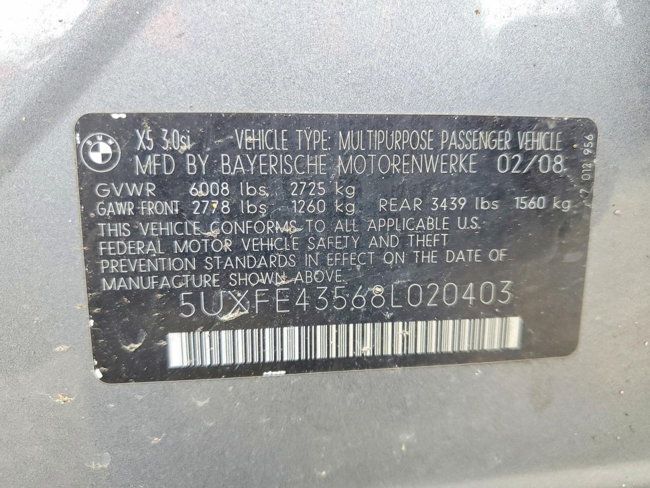 2008 Bmw X5 3.0i Gray vin: 5UXFE43568L020403