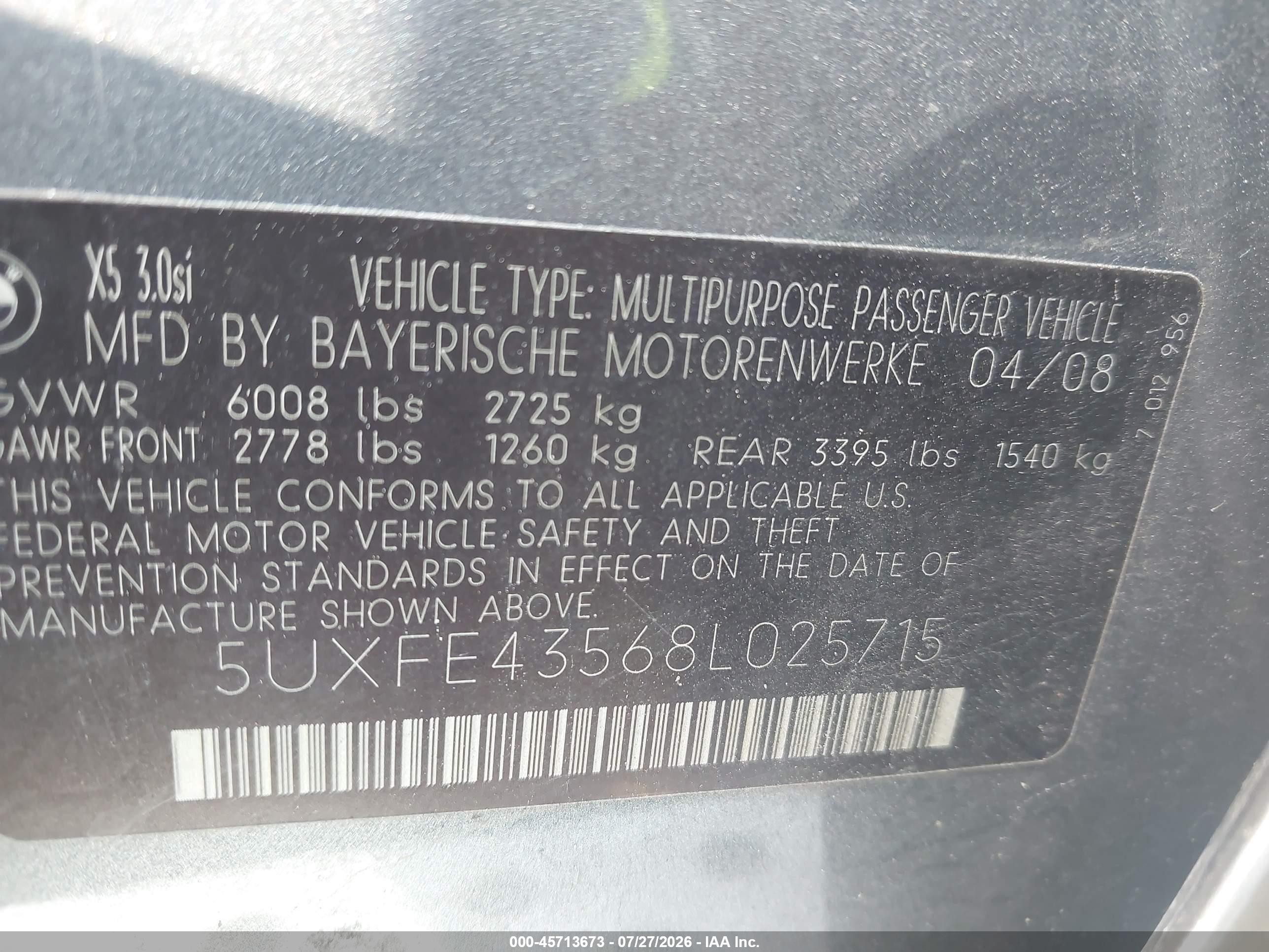 2008 Bmw X5 3.0si Gray vin: 5UXFE43568L025715