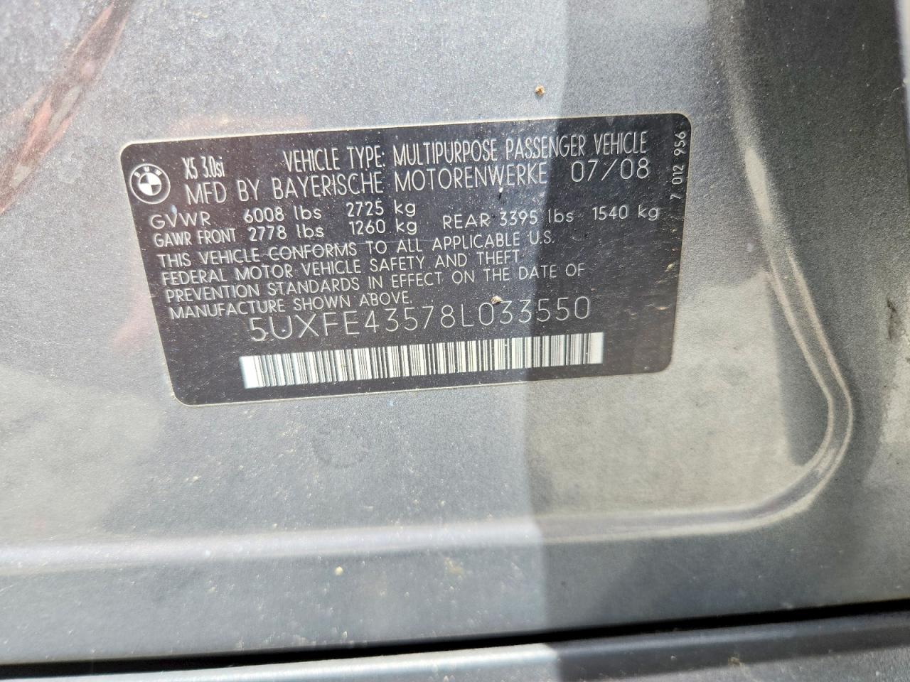 2008 Bmw X5 3.0i Gray vin: 5UXFE43578L033550