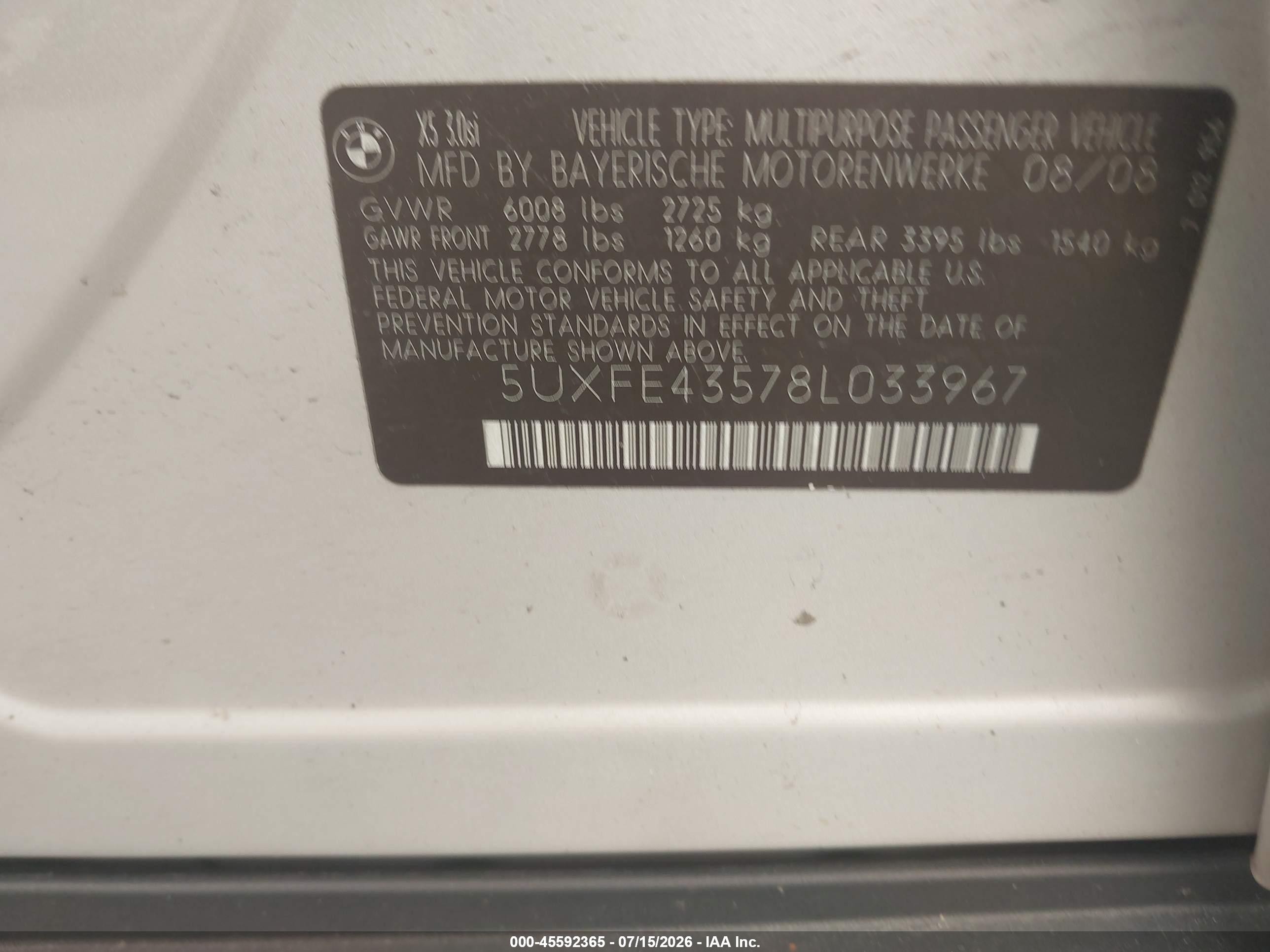 2008 Bmw X5 3.0si White vin: 5UXFE43578L033967