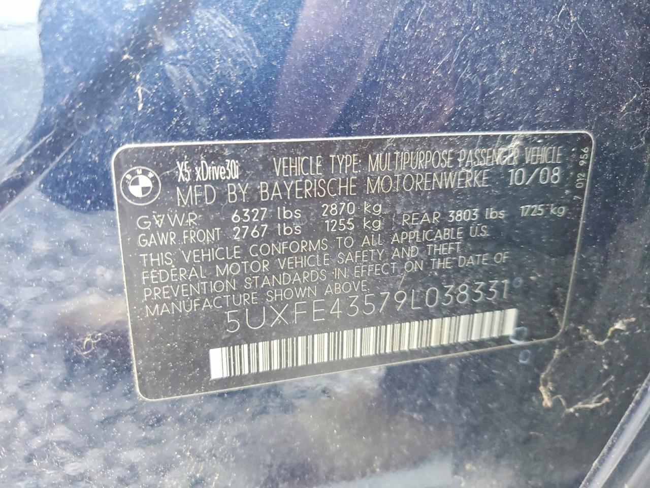 2009 Bmw X5 Xdrive30i Blue vin: 5UXFE43579L038331
