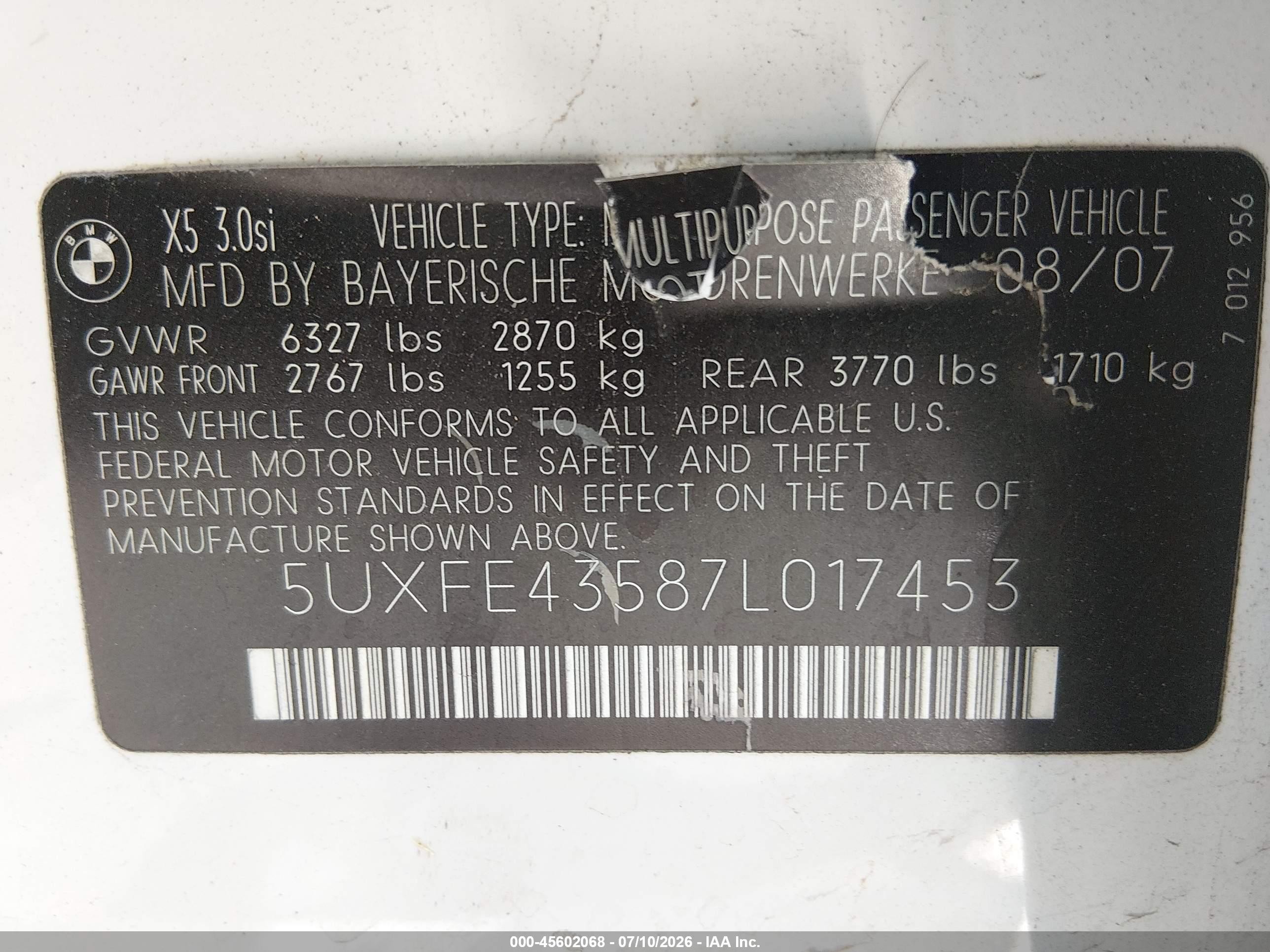 2007 Bmw X5 3.0si White vin: 5UXFE43587L017453