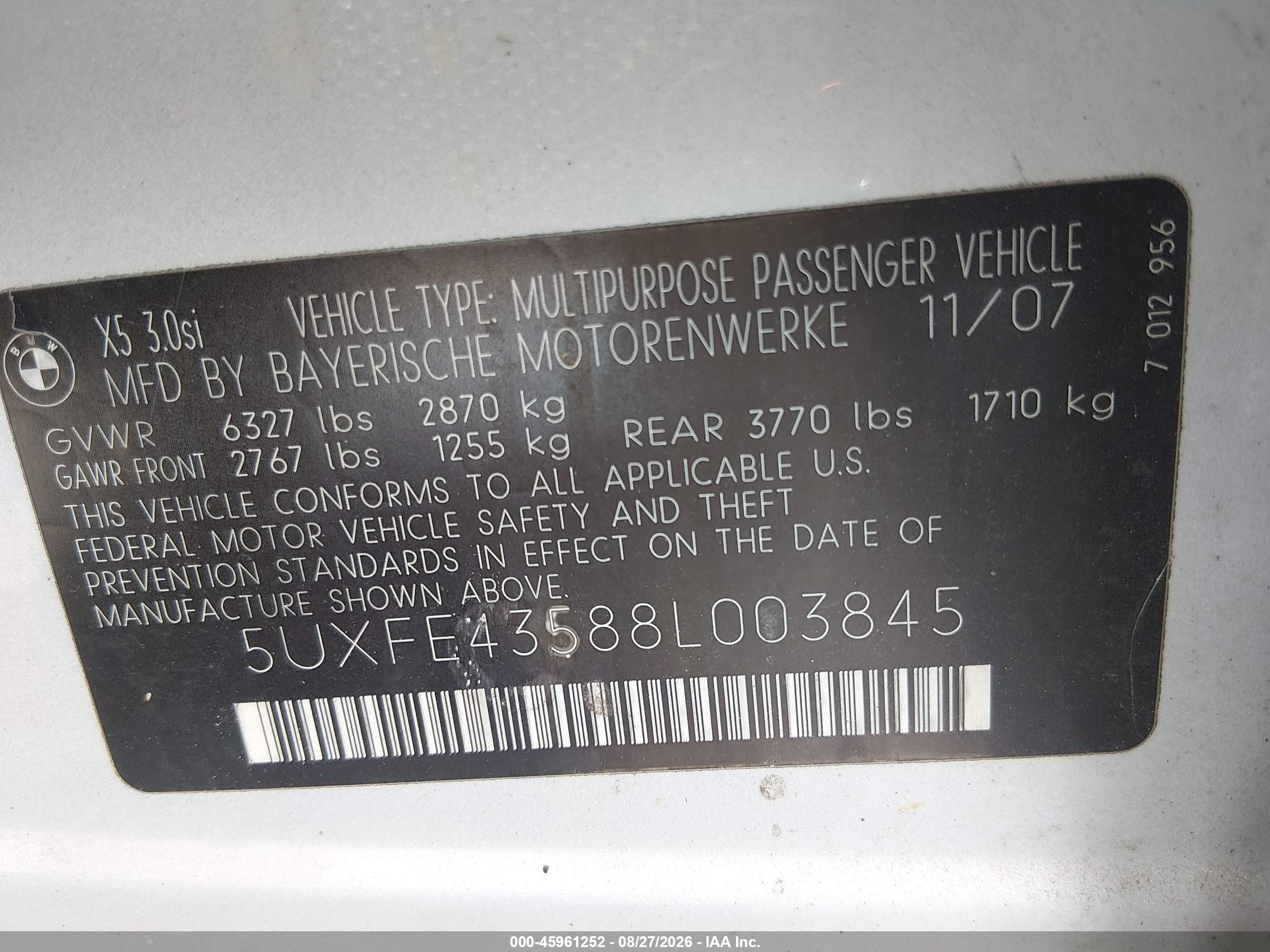 2008 Bmw X5 3.0si Серый vin: 5UXFE43588L003845