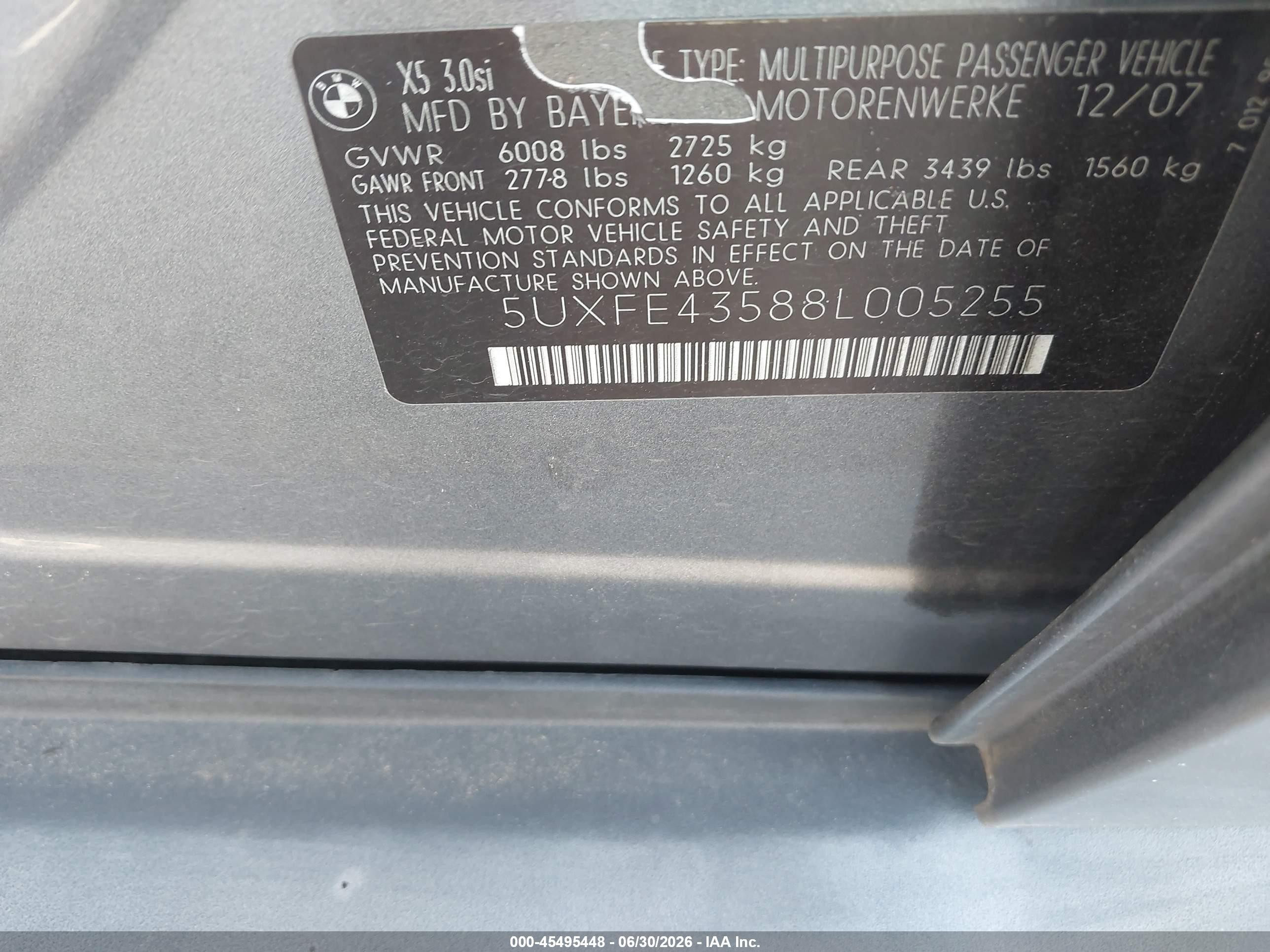 2008 Bmw X5 3.0si Gray vin: 5UXFE43588L005255
