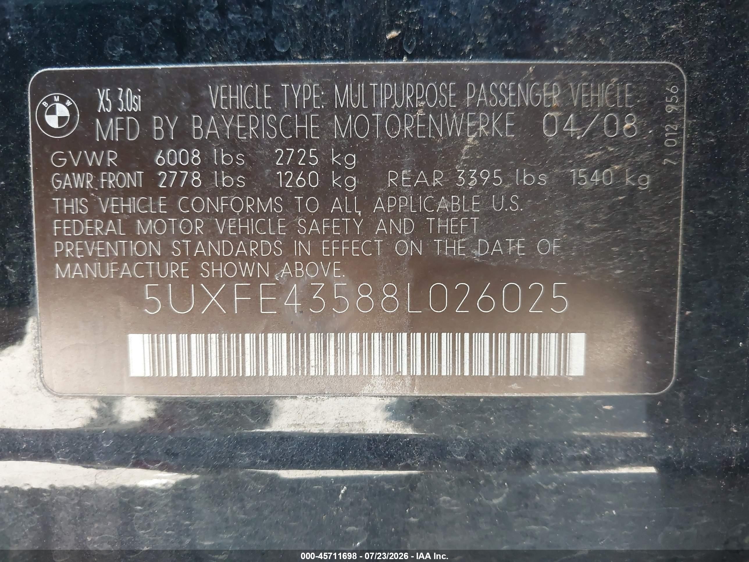 2008 Bmw X5 3.0si Black vin: 5UXFE43588L026025
