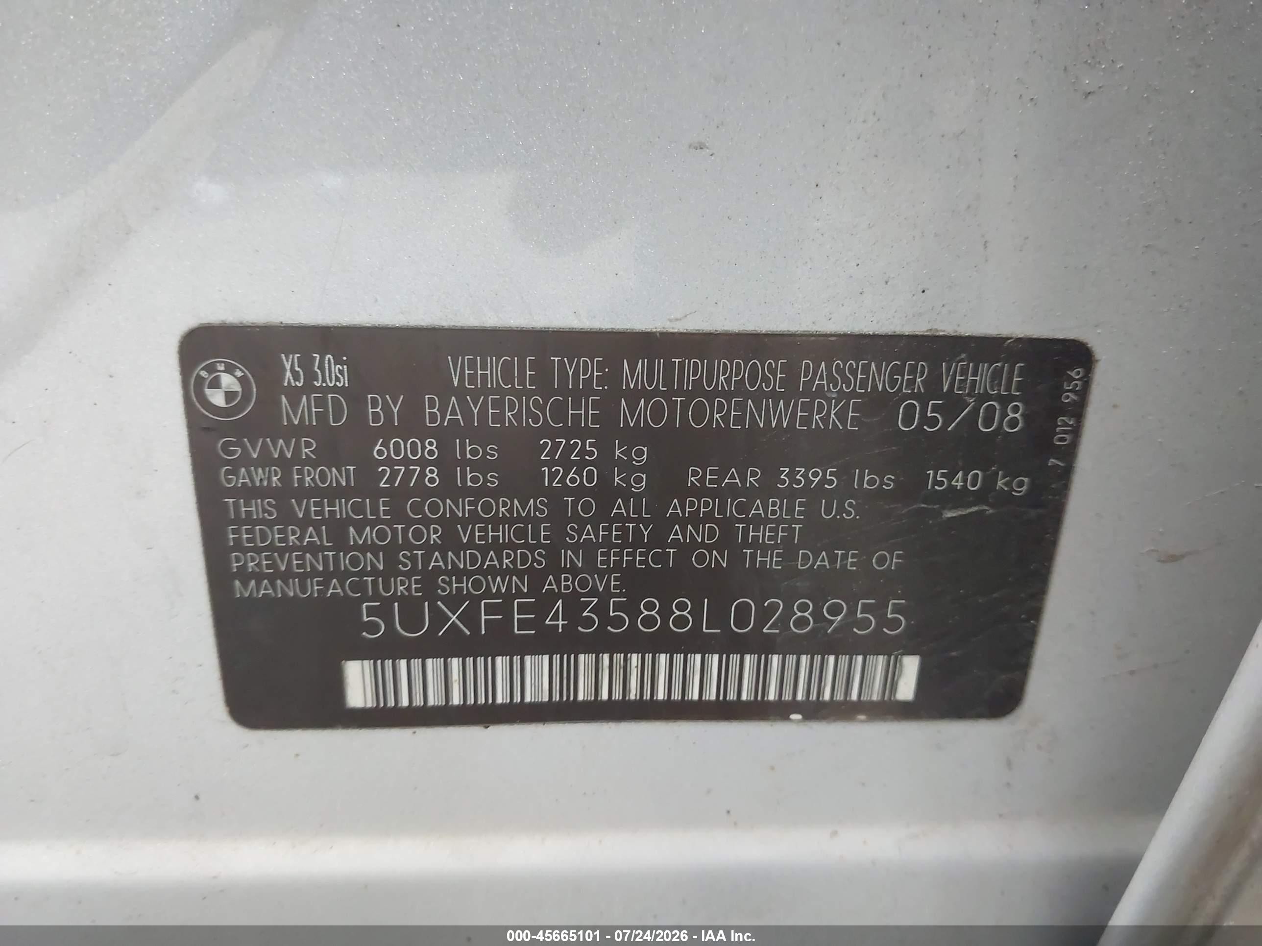 2008 Bmw X5 3.0si Silver vin: 5UXFE43588L028955