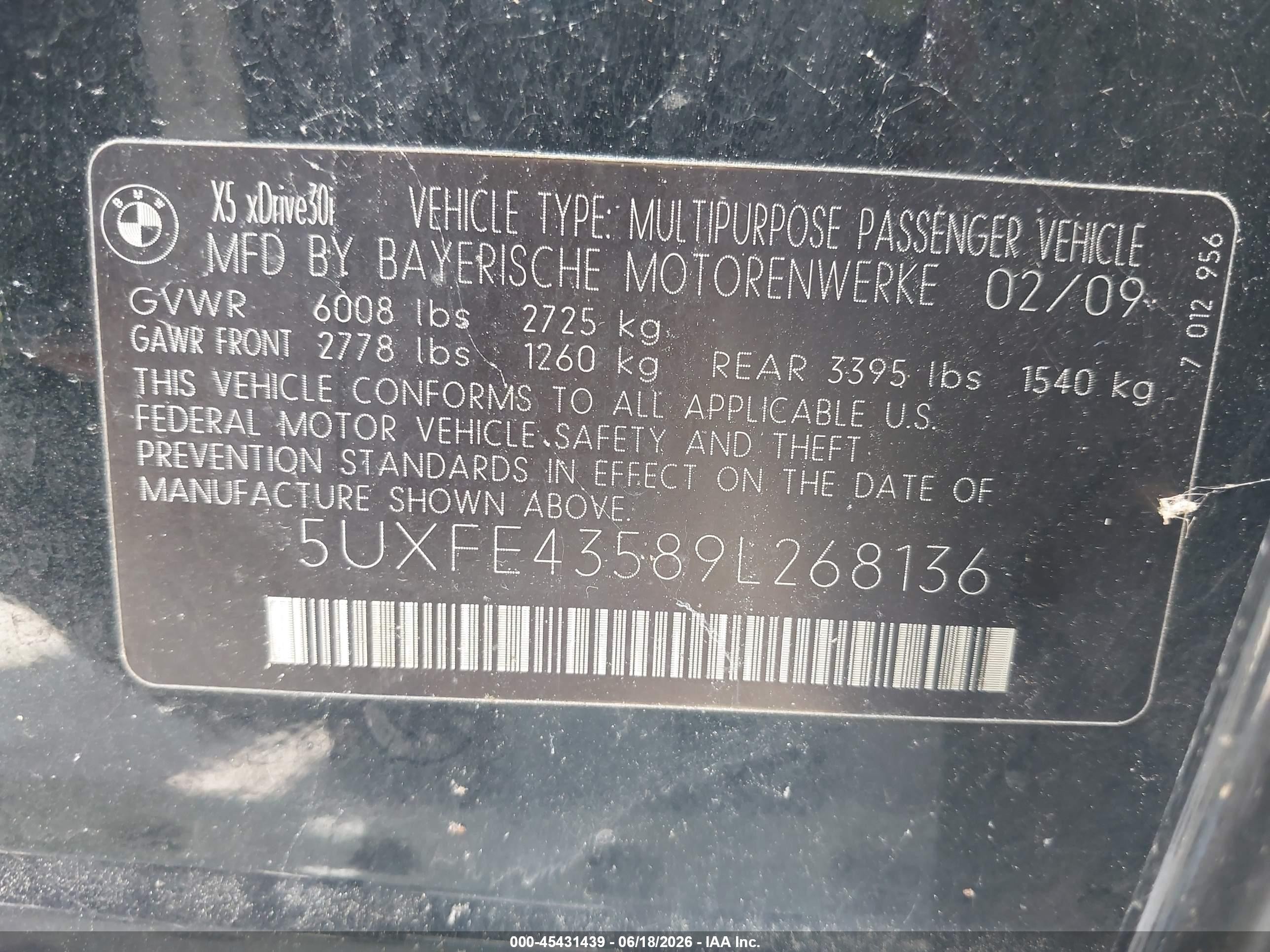 2009 Bmw X5 Xdrive30i Black vin: 5UXFE43589L268136